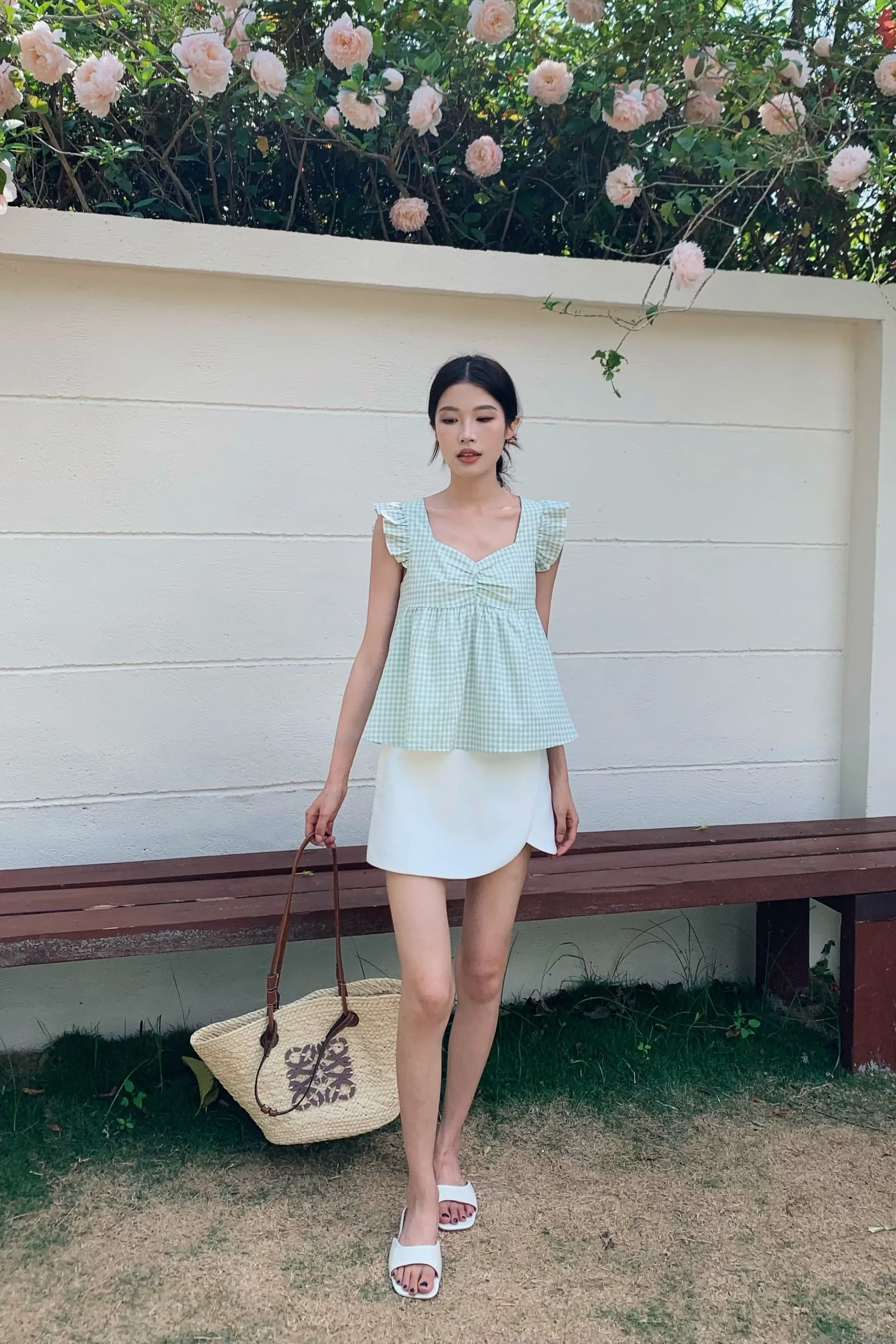 Wind Resistant Fabric Quick Release Fastener Naomi Picnic Gingham Blouse Apple Mint