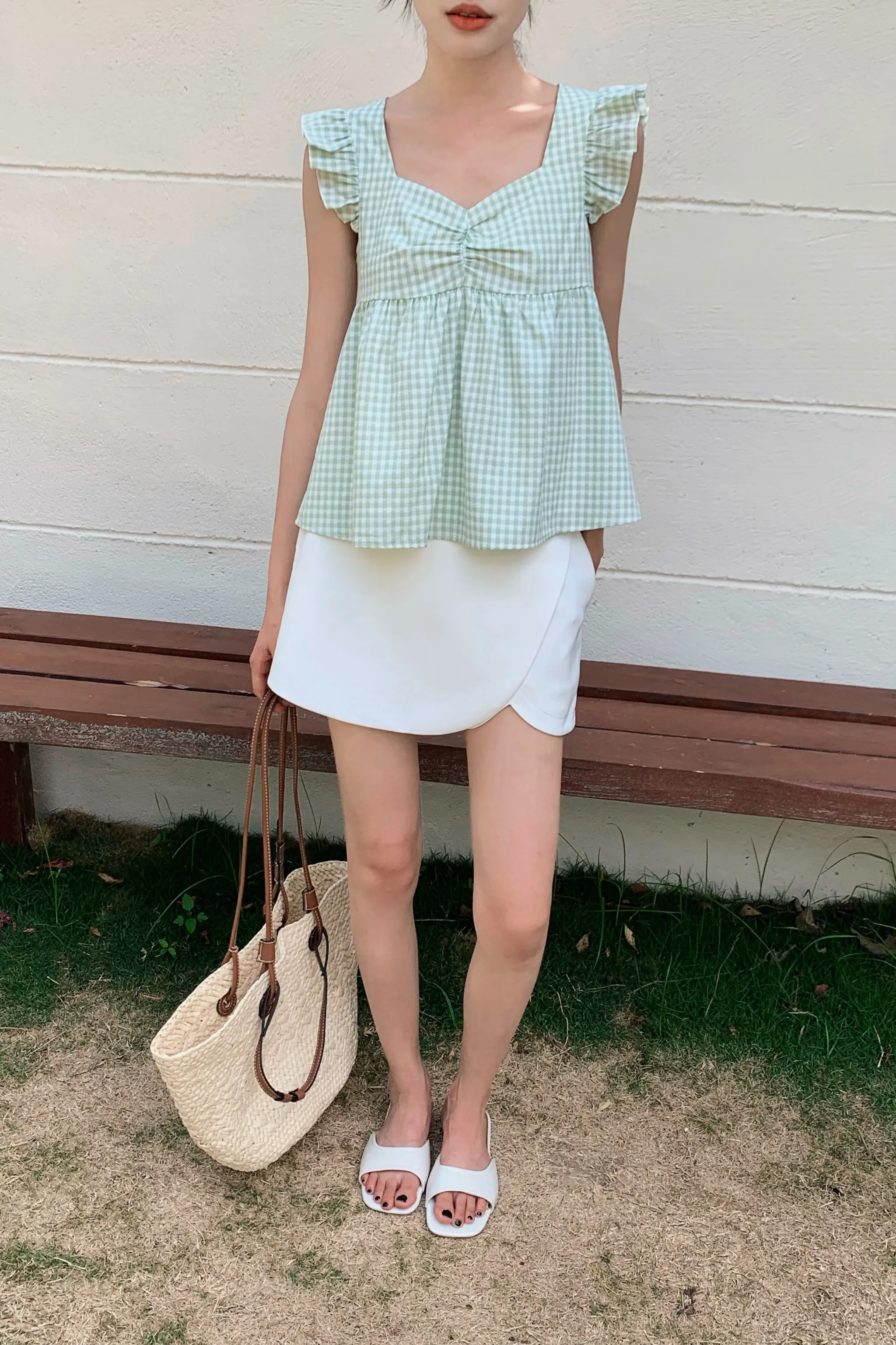 Contoured Side Panels Naomi Picnic Gingham Blouse Apple Mint