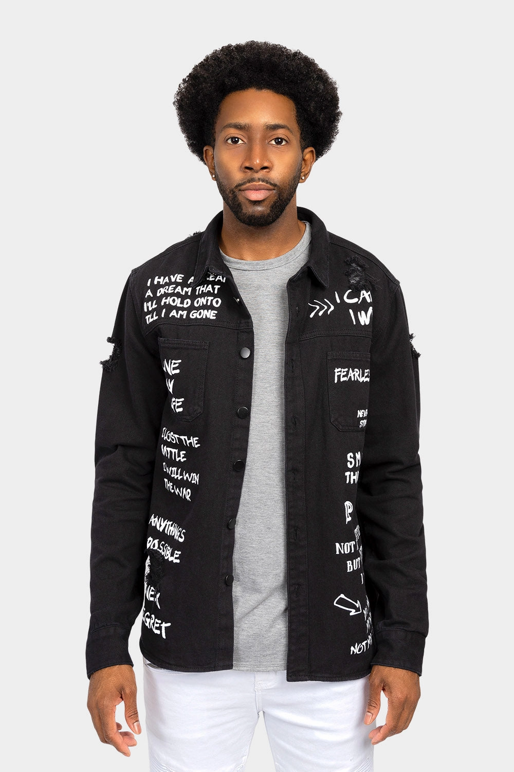 Glossy Finish Relaxed City Style Who I am Button Down Denim Shirt Jacket