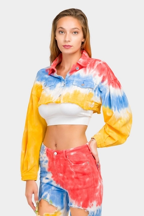 Strong Stitches Bonded Edge Finish Tie Dye Cropped Denim Jacket