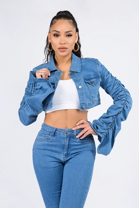 Modular Layering Compatibility Women's Scrunched Bungee Sleeve Cropped Denim Jacket
