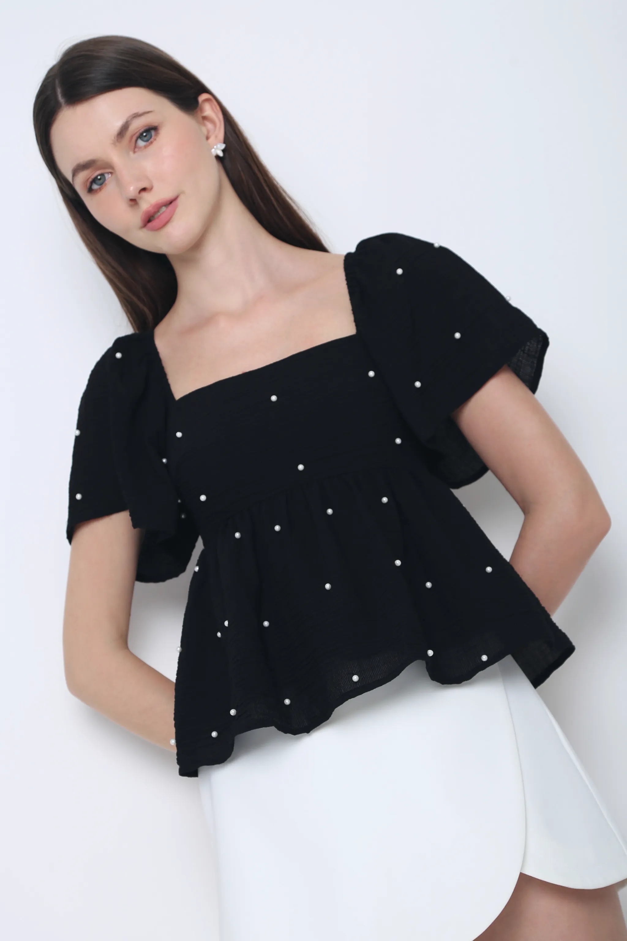 Greta Pearl Babydoll Blouse Black (Restock) Natural Fiber Blend Casual Style