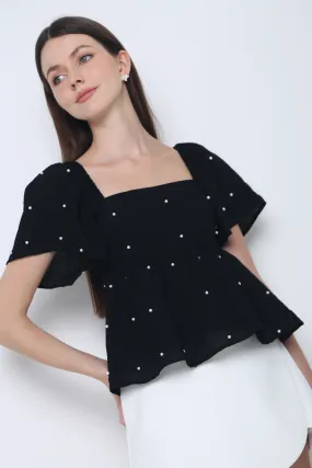 Soft Touch Greta Pearl Babydoll Blouse Black (Restock)