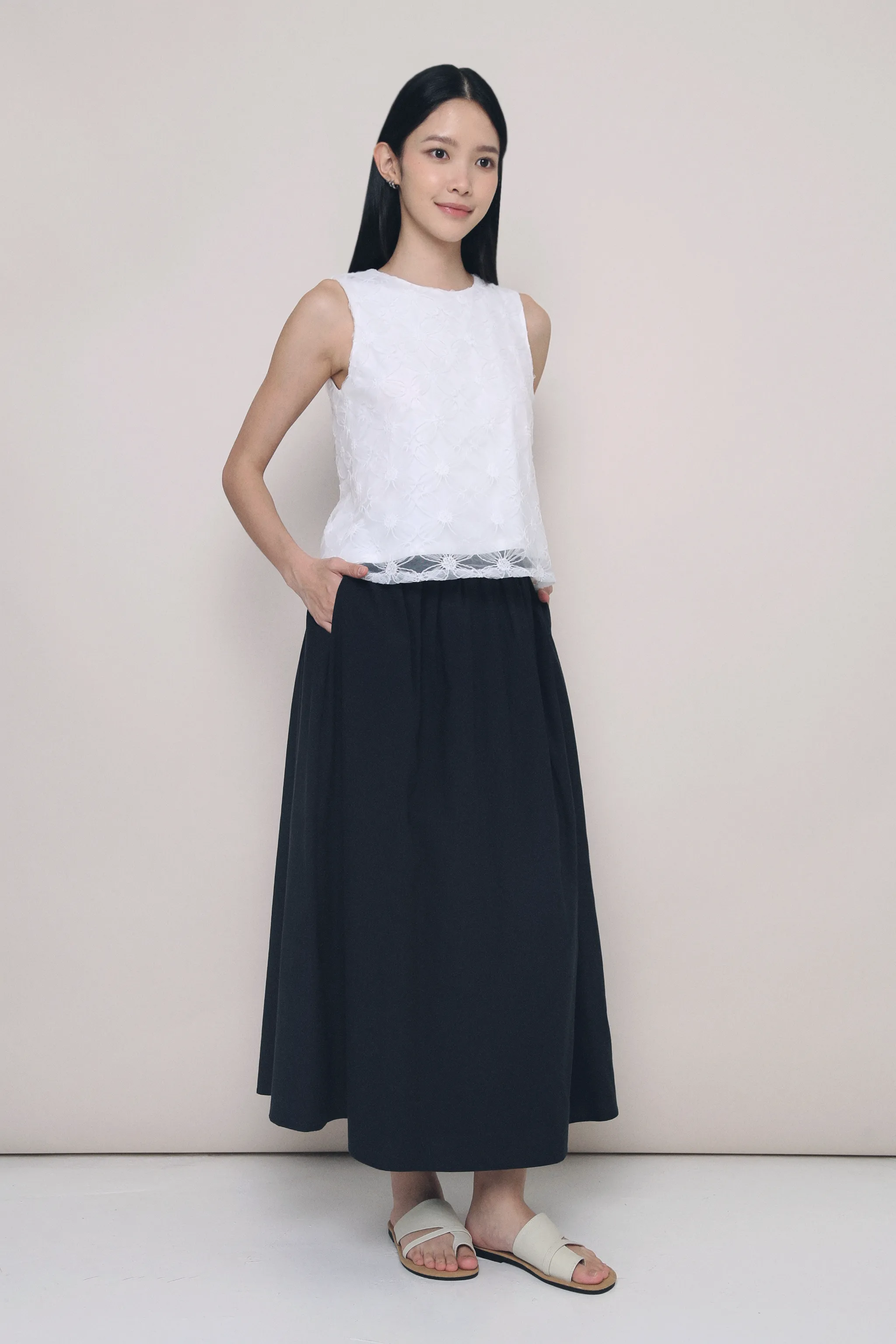 Layered Look Euniq Pleat Around Midaxi Skirt Midnight Navy