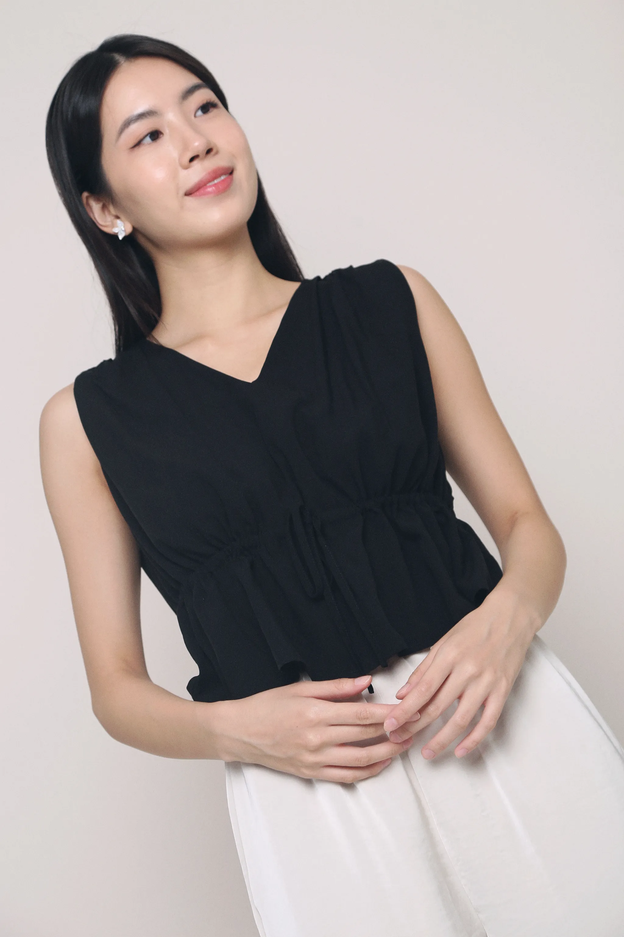 Ailee Tie Waist Top Black Soft Blended Fabric