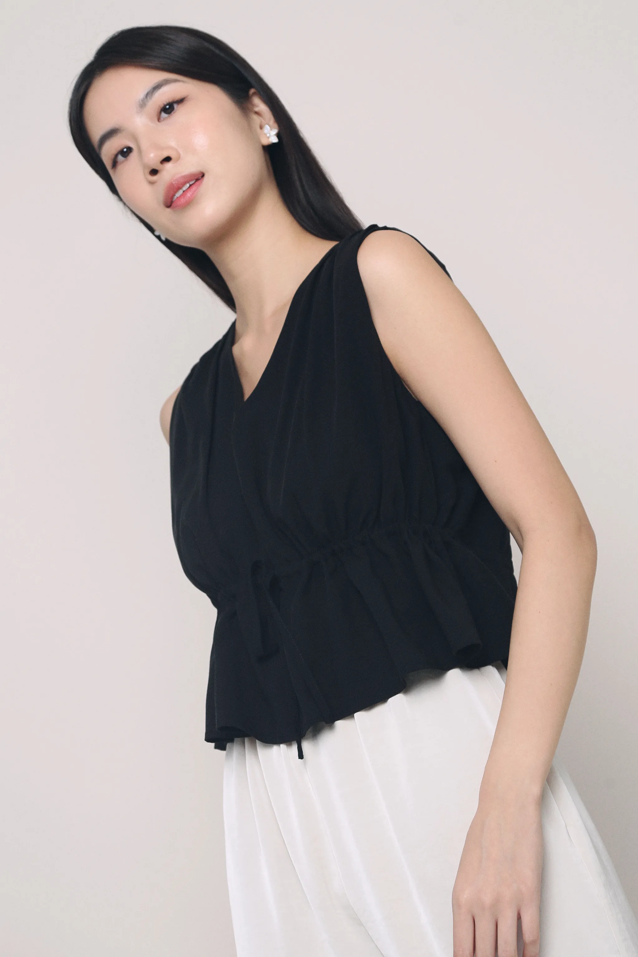 FlexibleKnit preshrunk Ailee Tie Waist Top Black