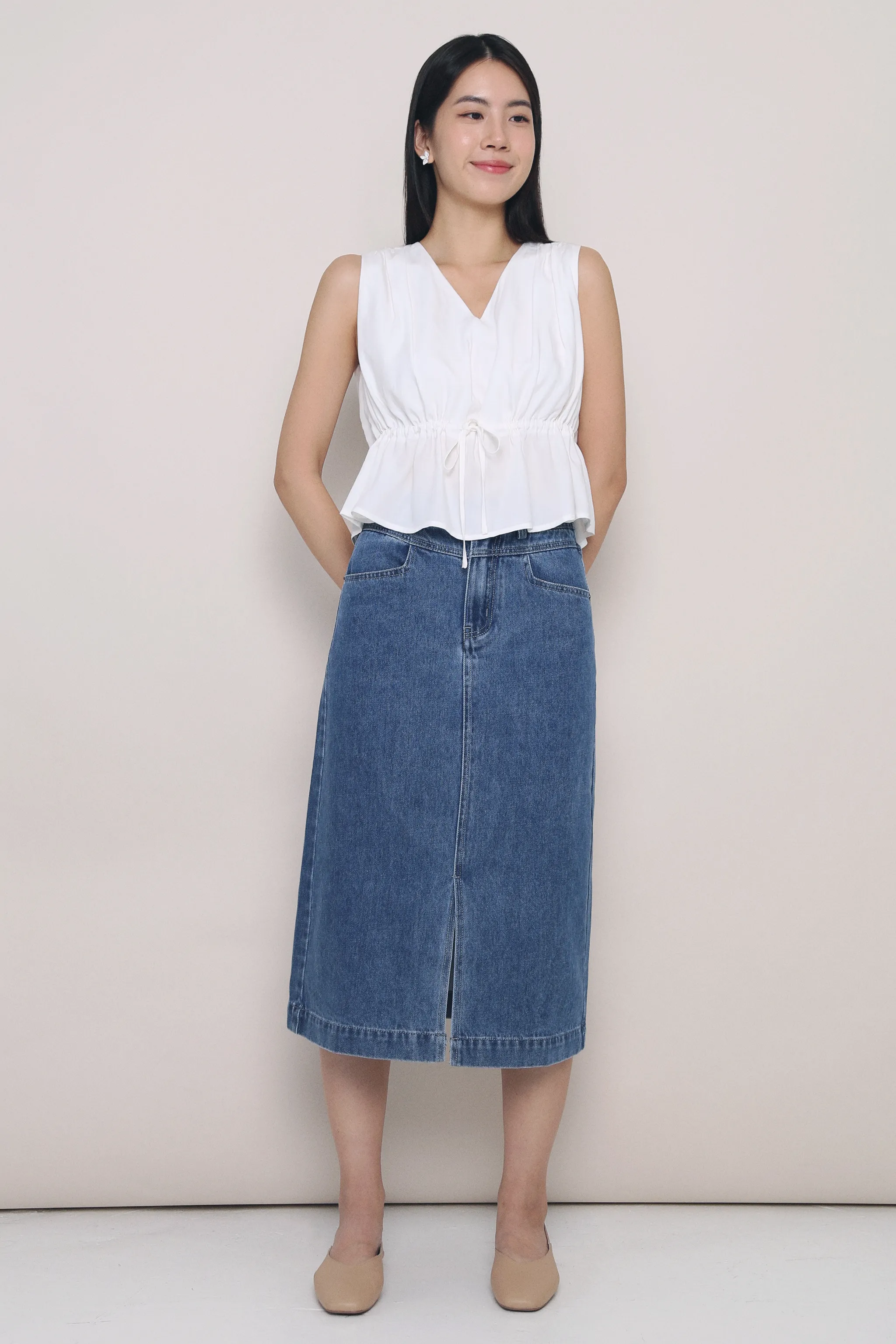 Ailee Tie Waist Top White Bound Seam Edges Smooth Stitching