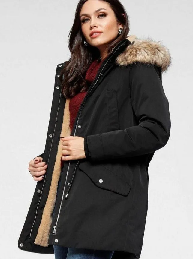 Nylon Cover Belted Style Alina Faux Fur Parka