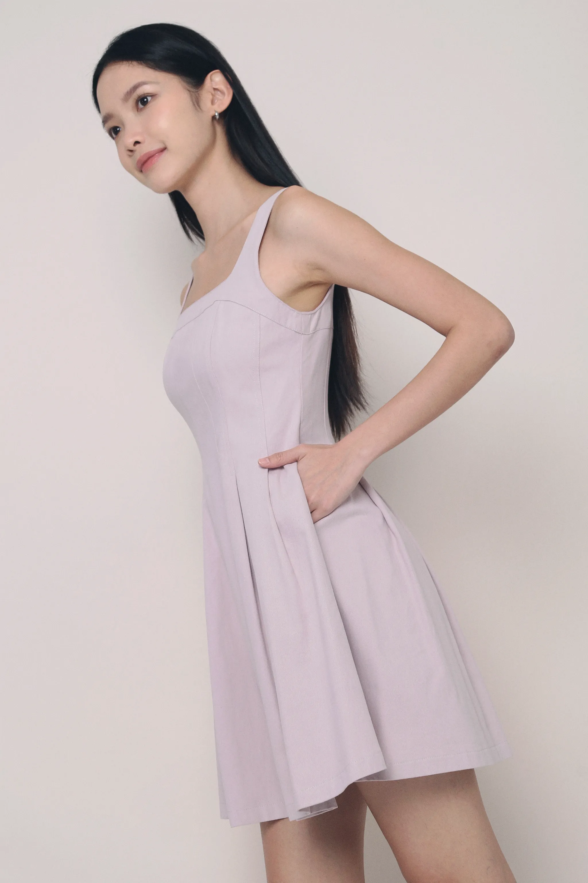 Contrasting Detail Anais Fit Flare Panel Dress Dusty Periwinkle