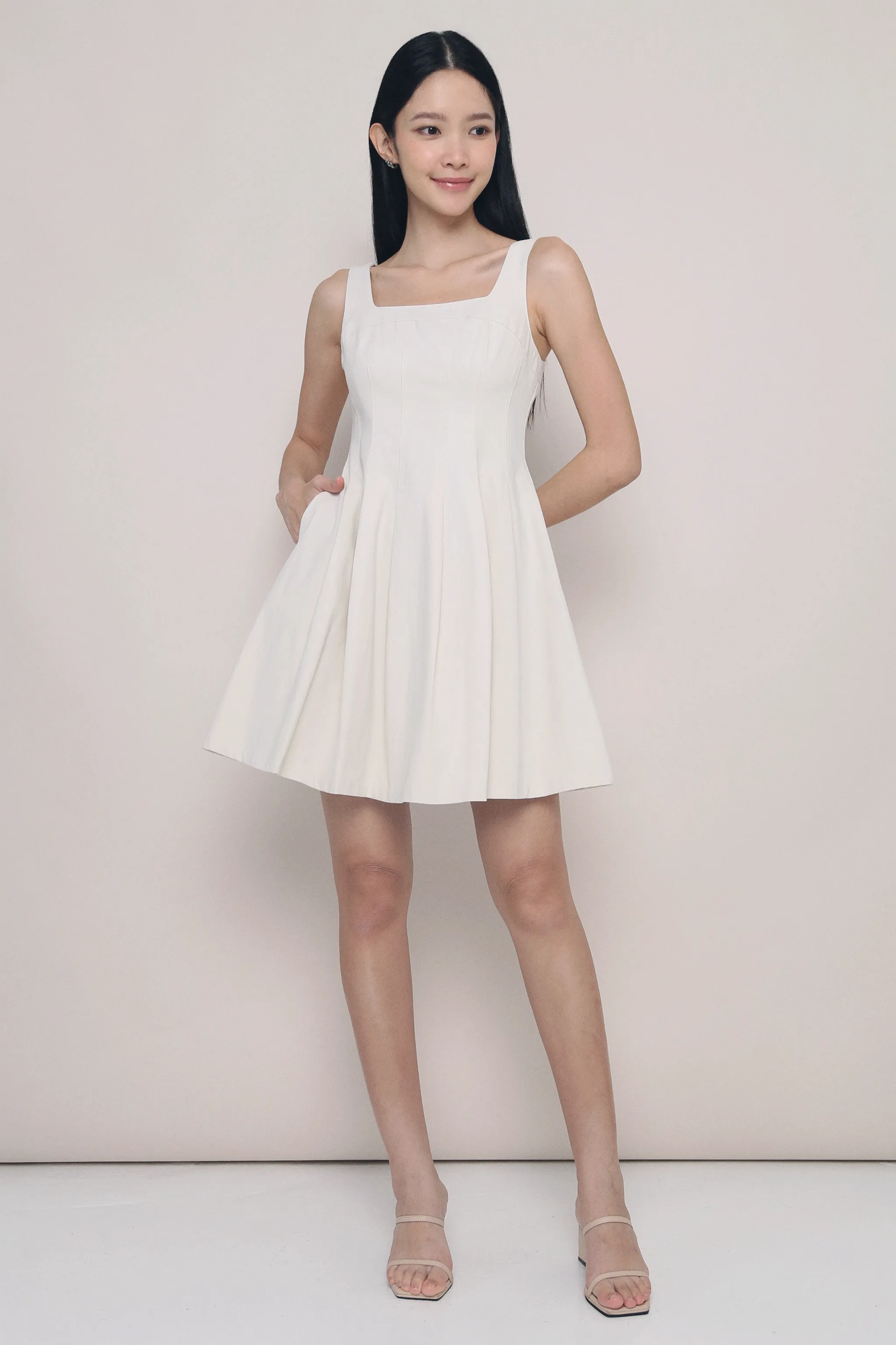 Silky Silhouette Anais Fit Flare Panel Dress Feather Cream