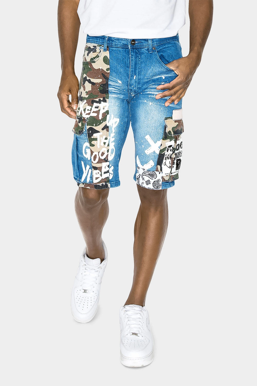Flattering Fit Wear Comfy Waistband Graffiti Mixed Camo Cargo Denim Shorts