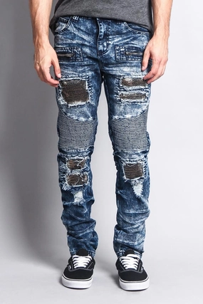 Stain Washed Contrast Patching Twill Biker Jeans Flex Fit Design