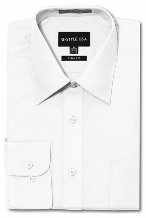Men's Slim Fit Solid Color Dress Shirt (White) Stretch Comfort