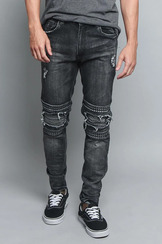 Studded Biker Denim Jeans Soft Finish