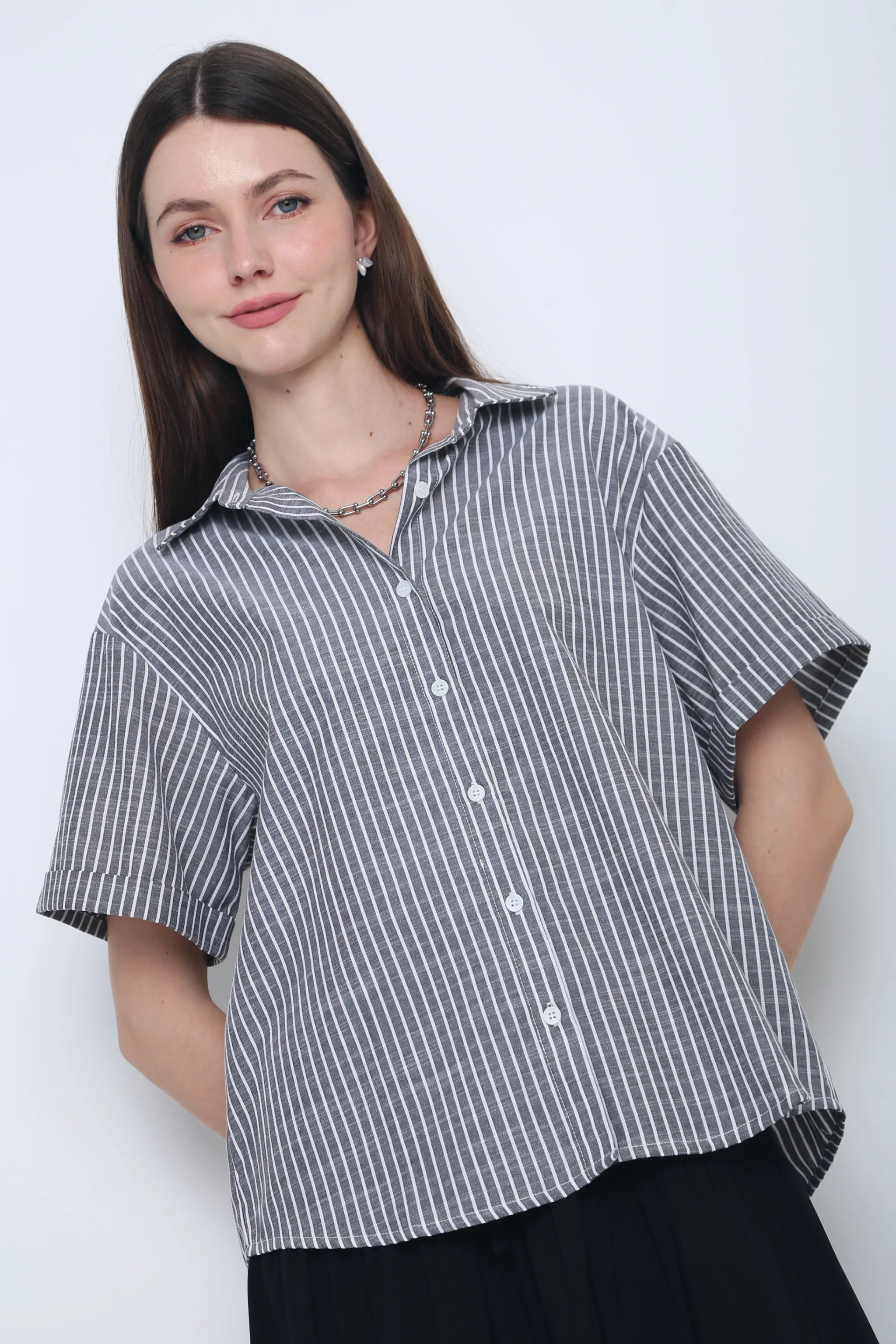 Ashton Stripe Boxy Shirt Grey Minimalist Stitching