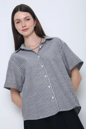 Ashton Stripe Boxy Shirt Grey Minimalist Stitching