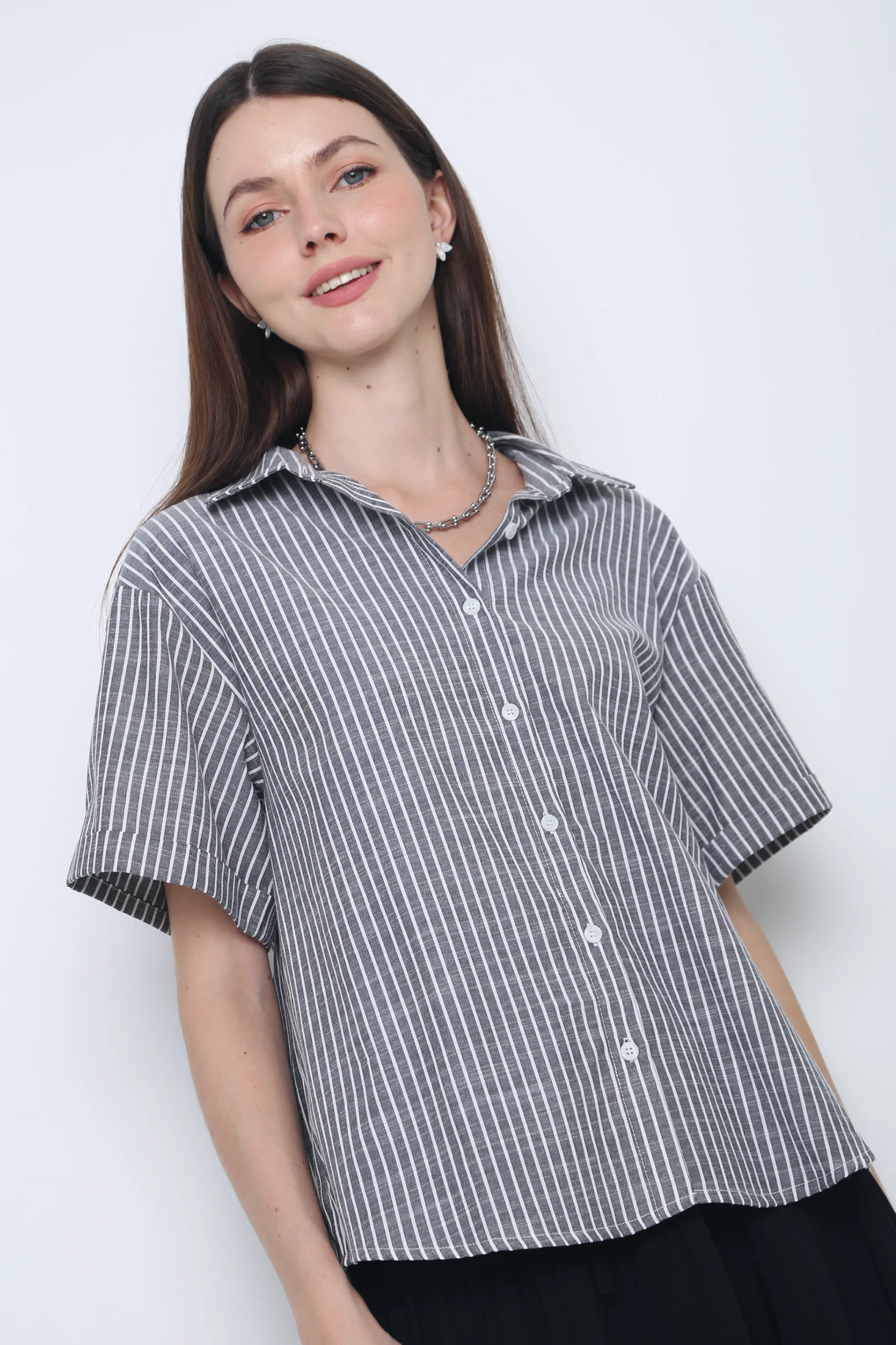 Non Chafing Edges Ashton Stripe Boxy Shirt Grey