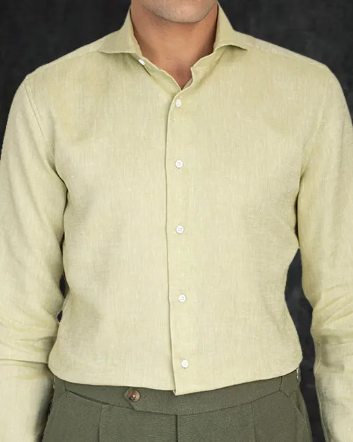 Hidden Button Placket Active Comfort Light Olive Green Slub Linen Shirt