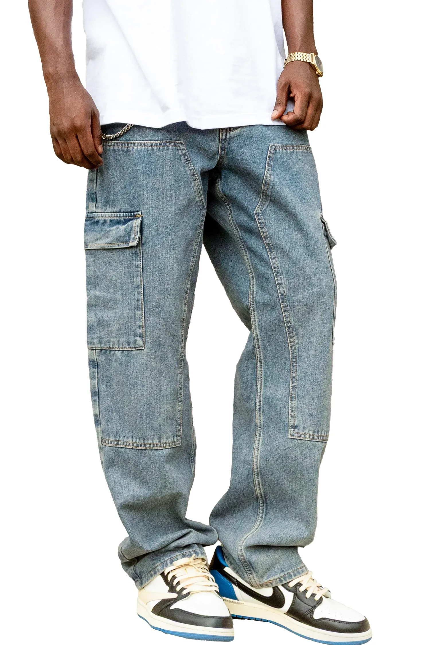 Baggy Fit Cargo Carpenter Denim Jeans High Waist Stretch