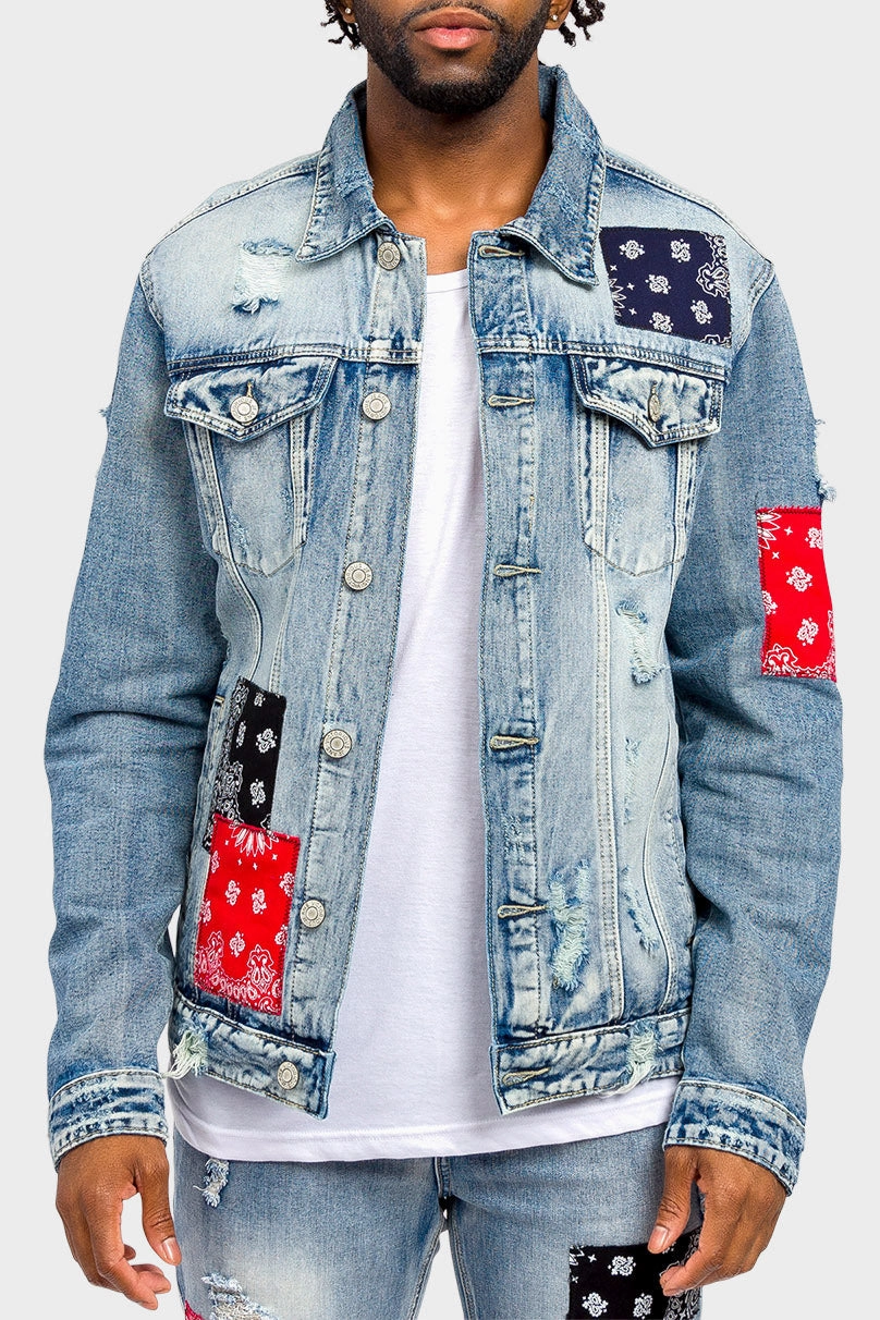 Bandana Paisley Patch Denim Jacket Durable Color Retention Lightweight insulation