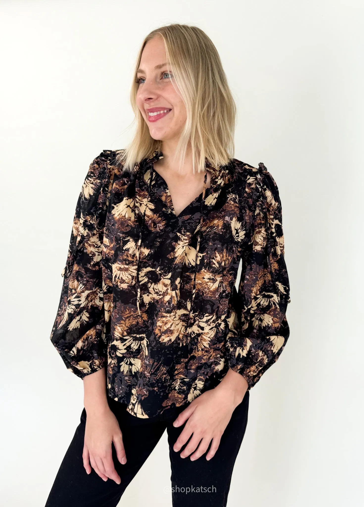 Beth Black Tuscany Floral Blouse Premium Option