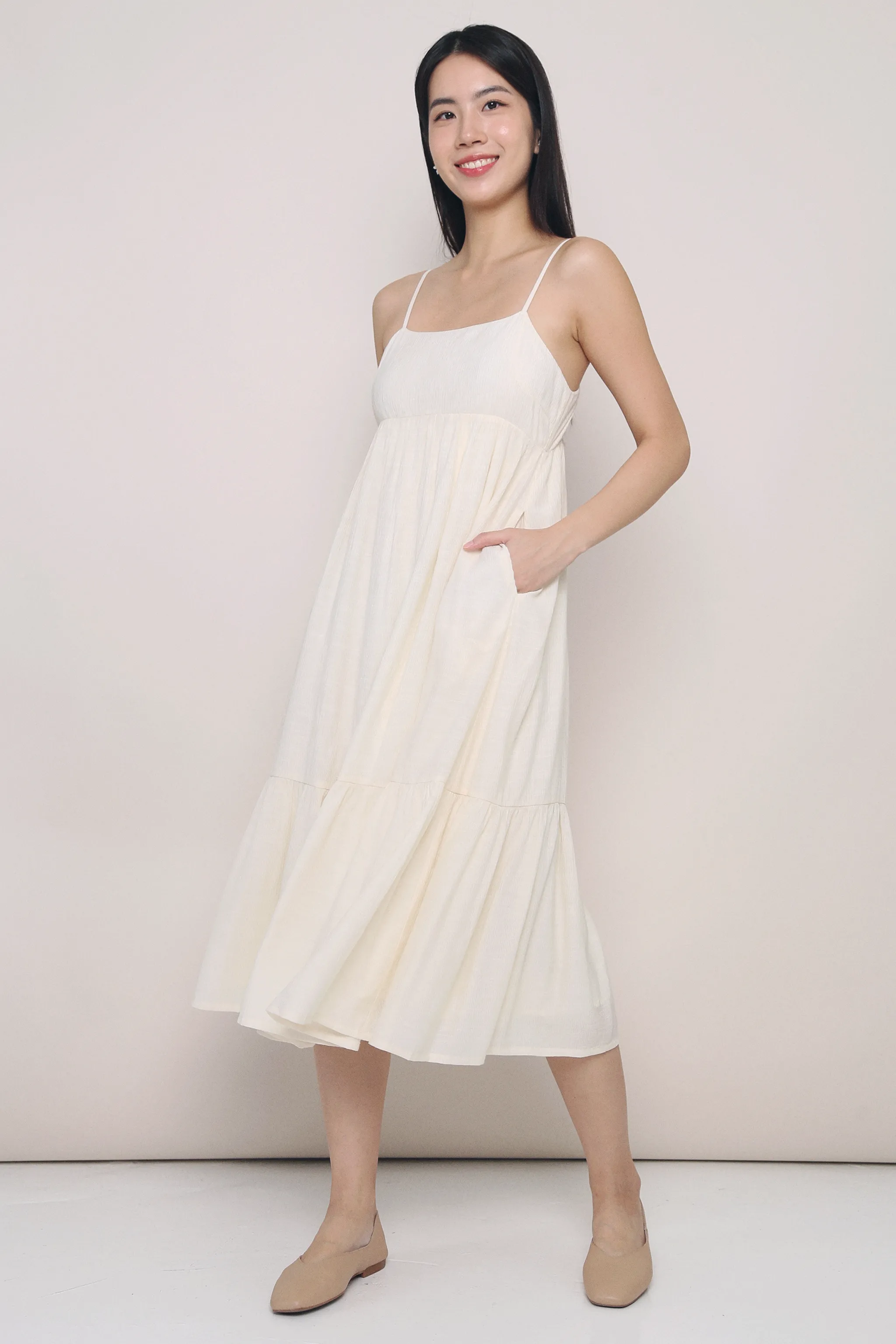 Chic Mom Bethlyn Strappy Tier Midi Dress Vanilla
