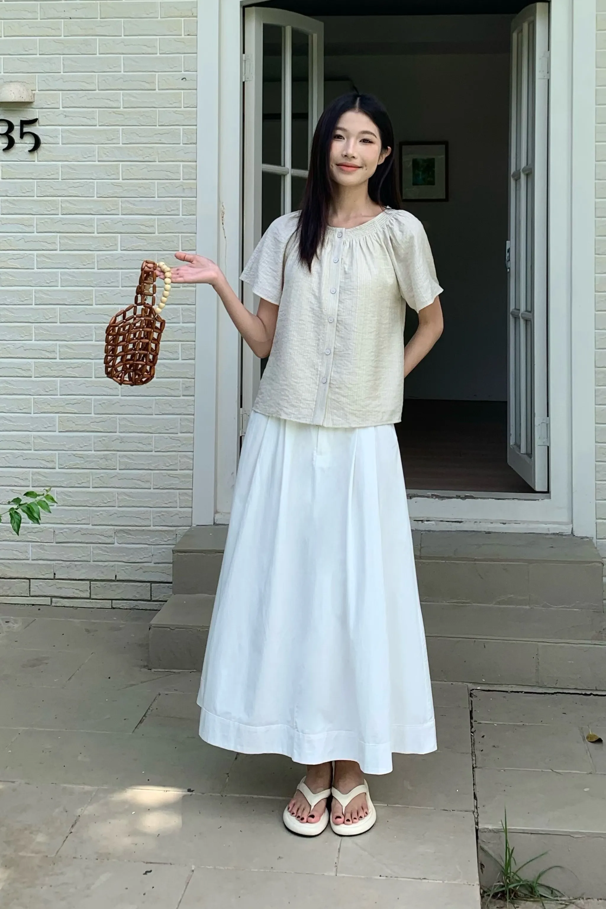 Breezette Smocked Neckline Blouse Ivory AdjustableHem