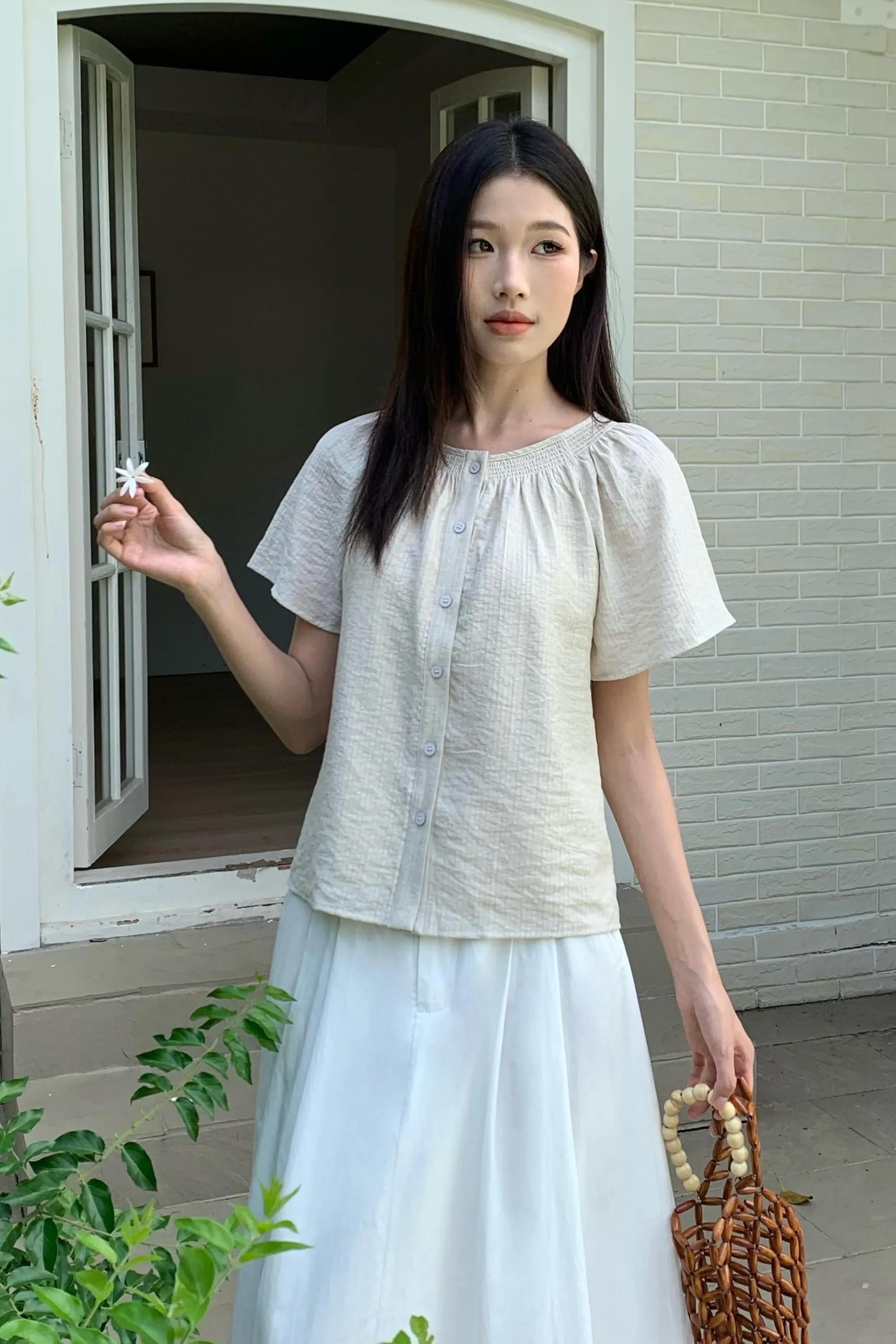 Breezette Smocked Neckline Blouse Ivory Breathable mesh lining