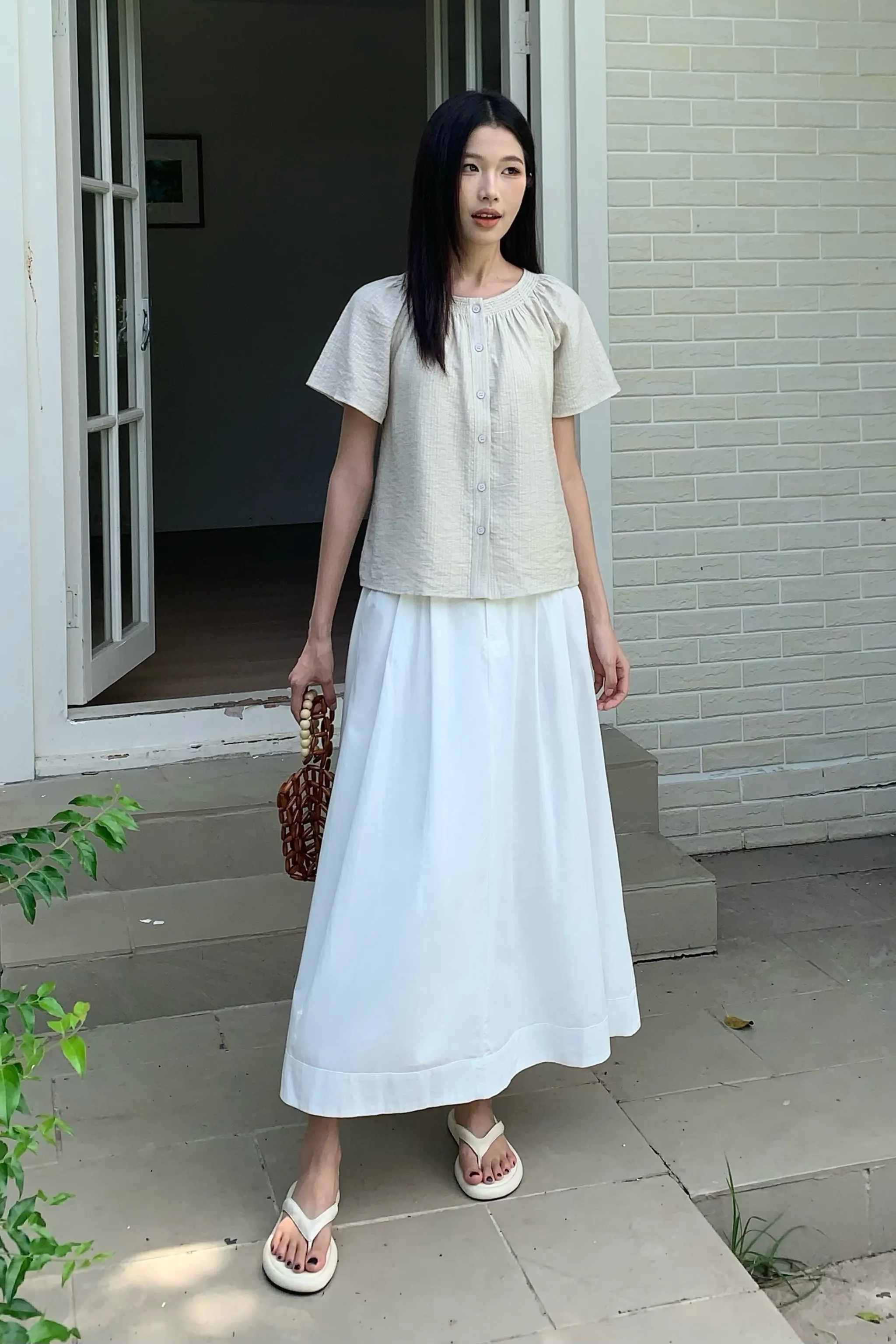 Thermal Regulation Technology Breezette Smocked Neckline Blouse Ivory