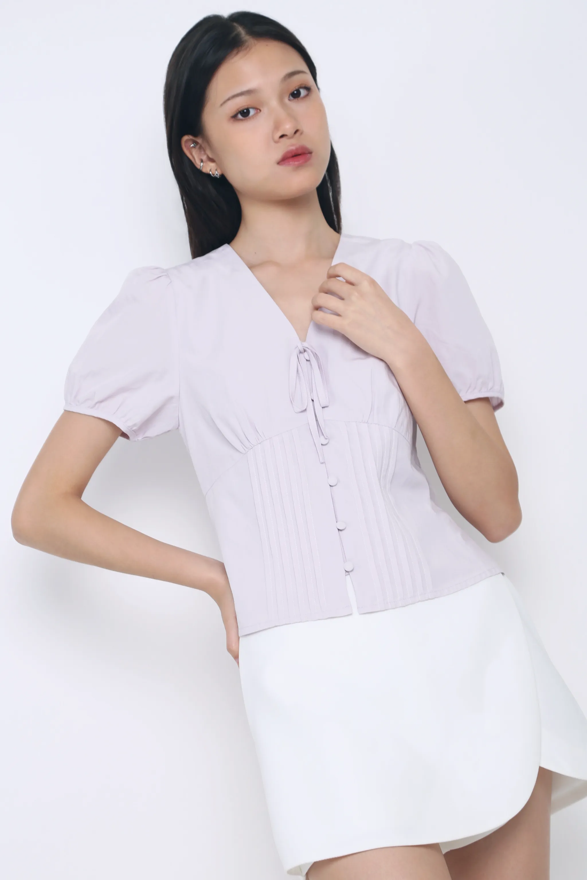 Breathable Mesh Back Clementine Pleat & Tie Blouse Purple