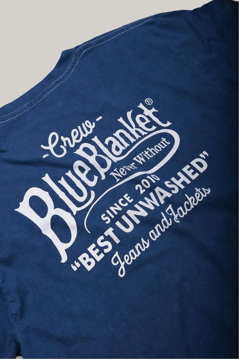 BLUE BLANKET JEANS TUBULAR LOGO T-SHIRT - INDIGO Self Fabric Tape