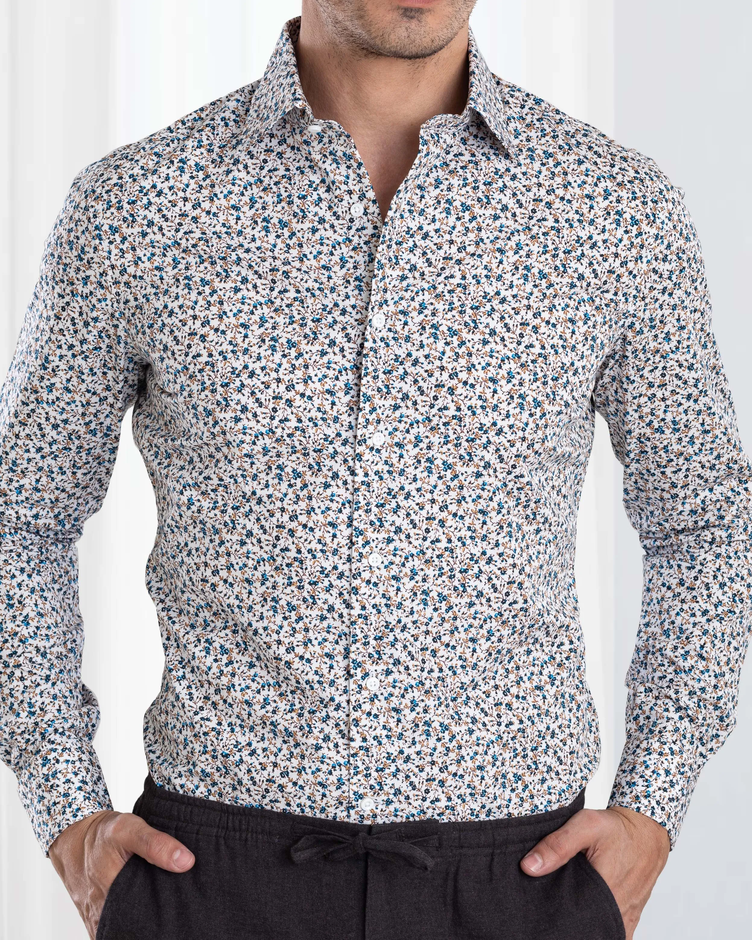 shopping spree Advanced Moisture Management Blue Fine Floral Prints on White Shirt