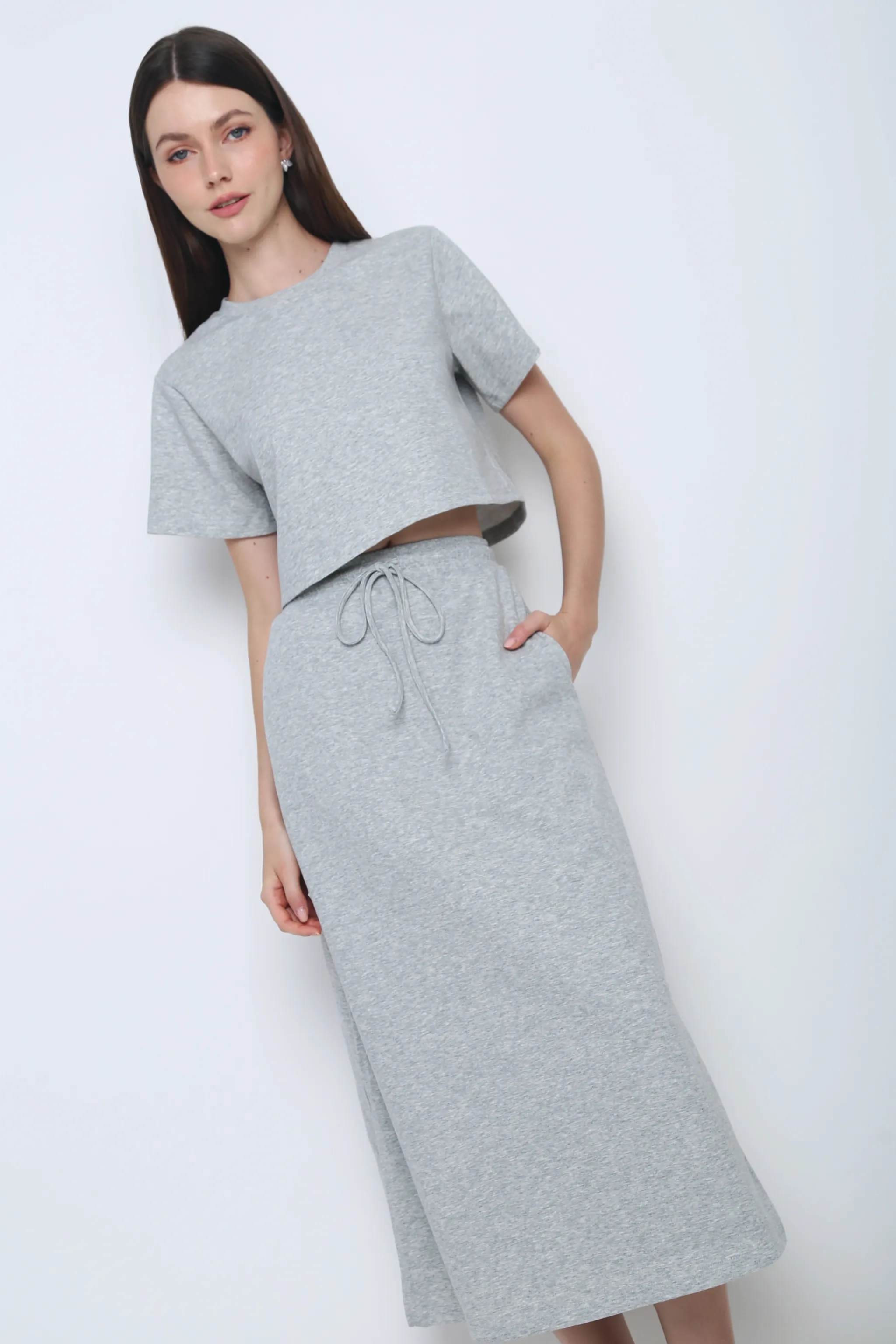 V Neck Design Bolin 2-Piece Sweater Skirt Set Grey