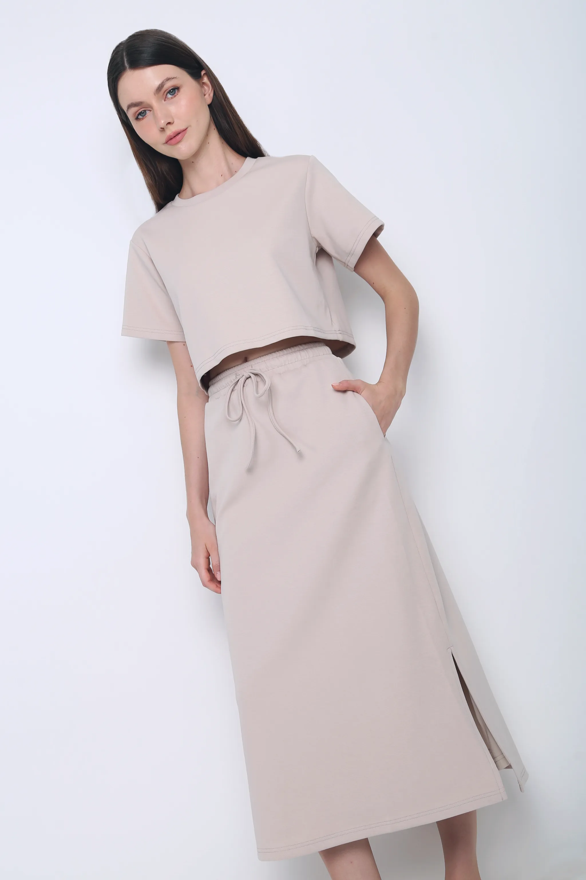 Bolin 2-Piece Sweater Skirt Set Oat Ventilated Panel Design