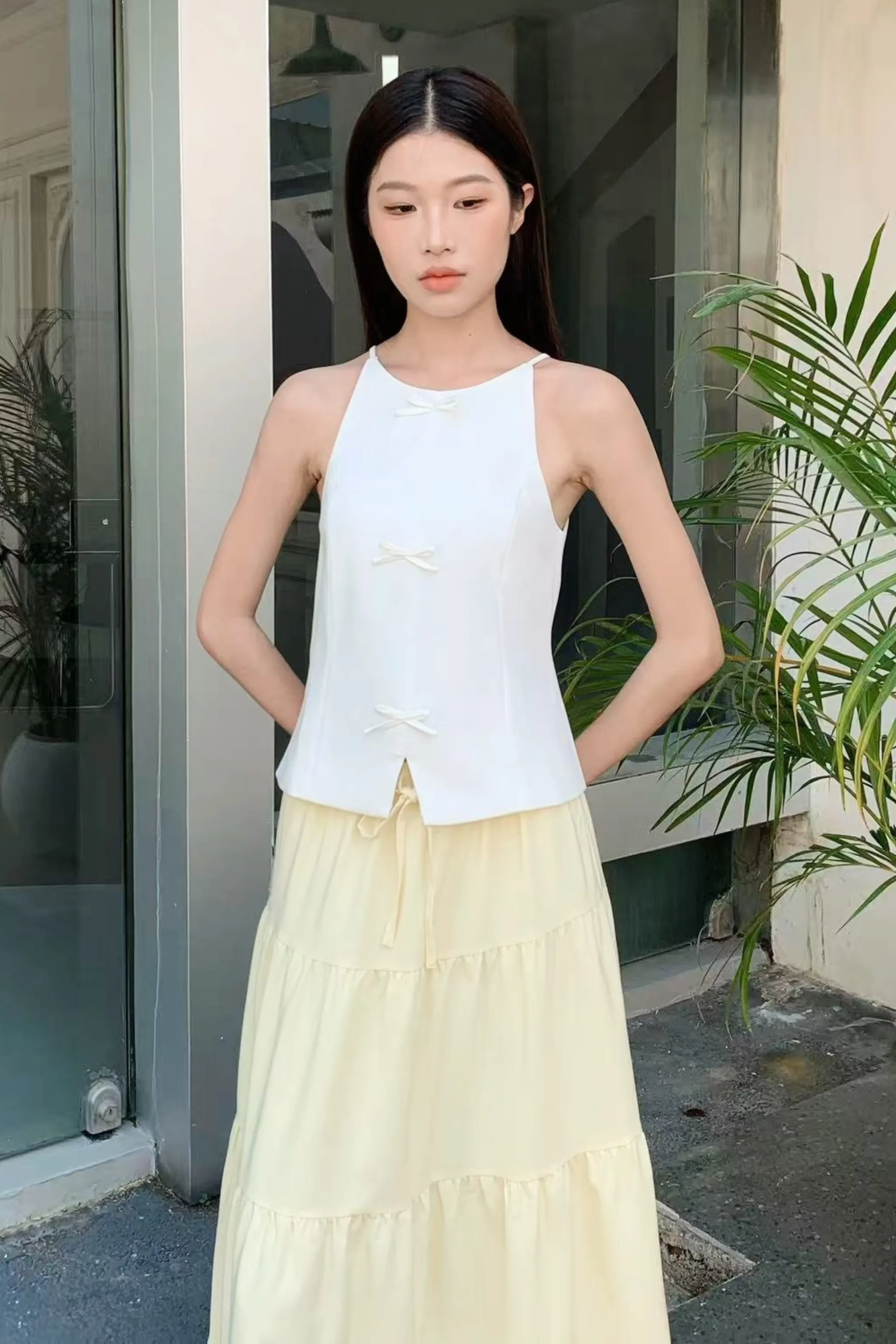 HighNeckline Bow Alert Strappy Top White