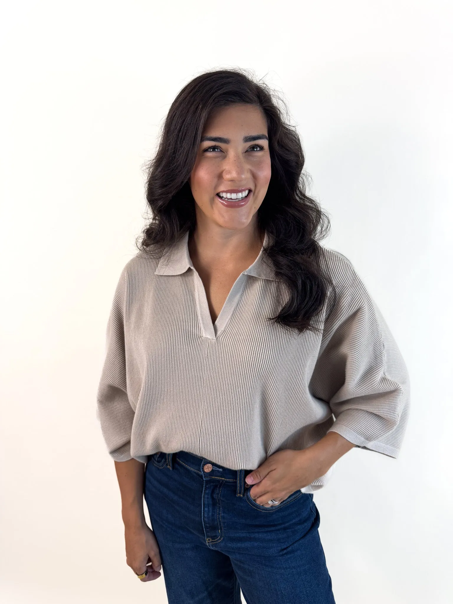 Stone Collared Short Sleeve Sweater Cozy Knit Touch Soft Knit Layer