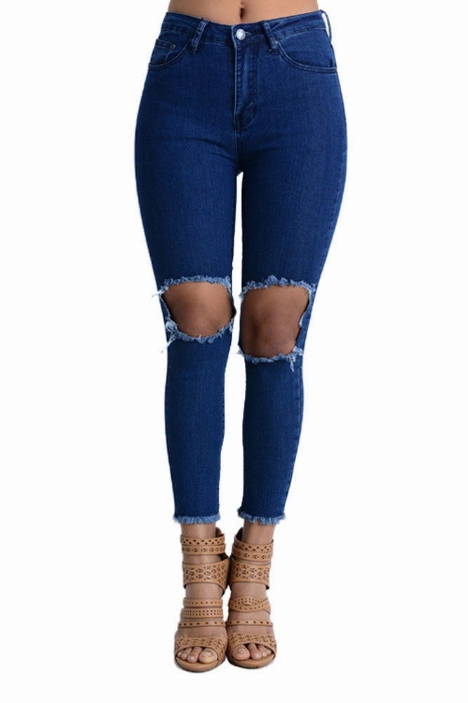 Women's Torn and Frayed Skinny Fit Jeans Universal Fit System Laser Cut Perforations