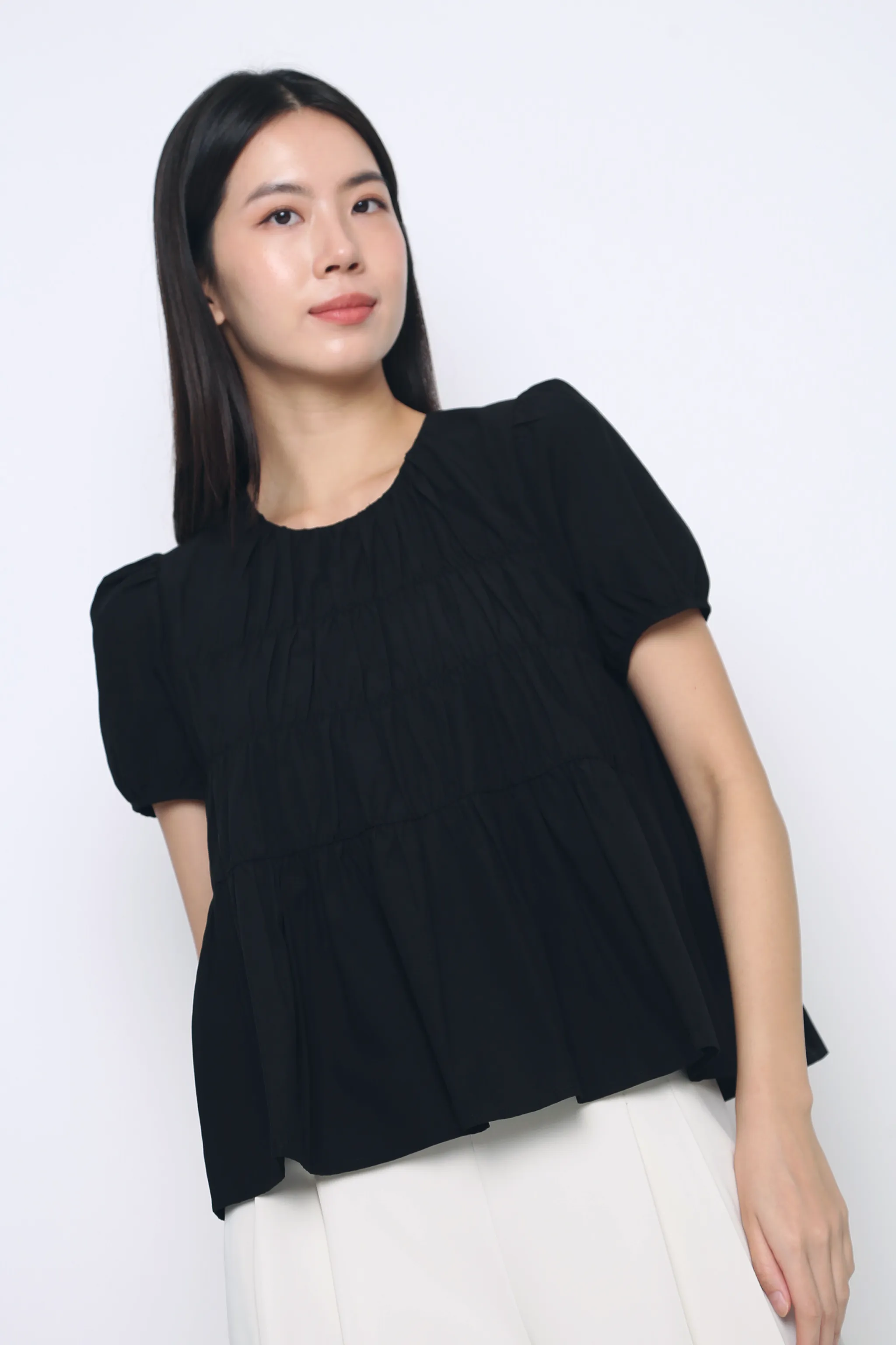 Recycled Material Blend Halo Ruche Blouse Black