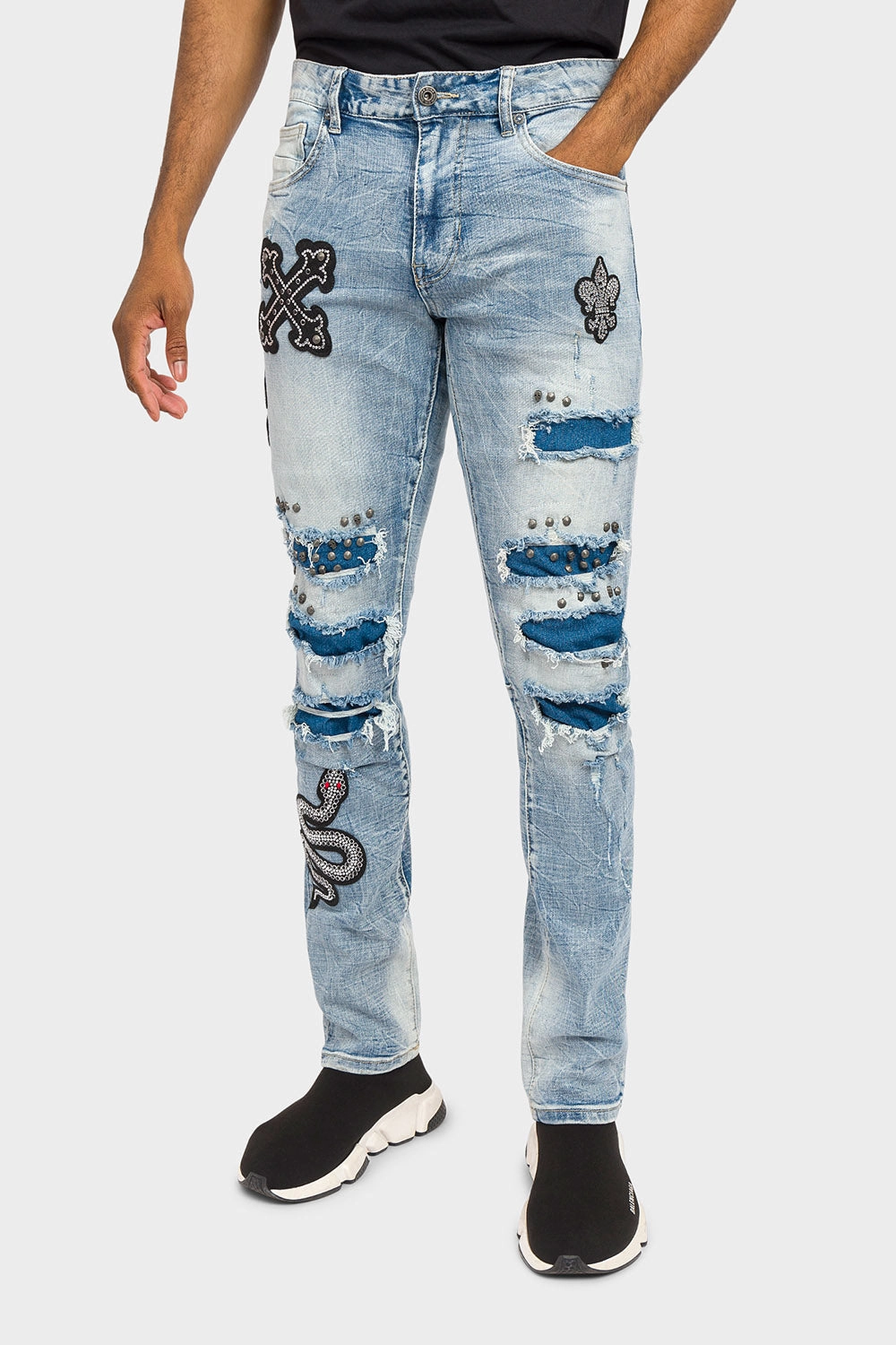 Crystals embellished patches studded Denim Jeans Side Pockets