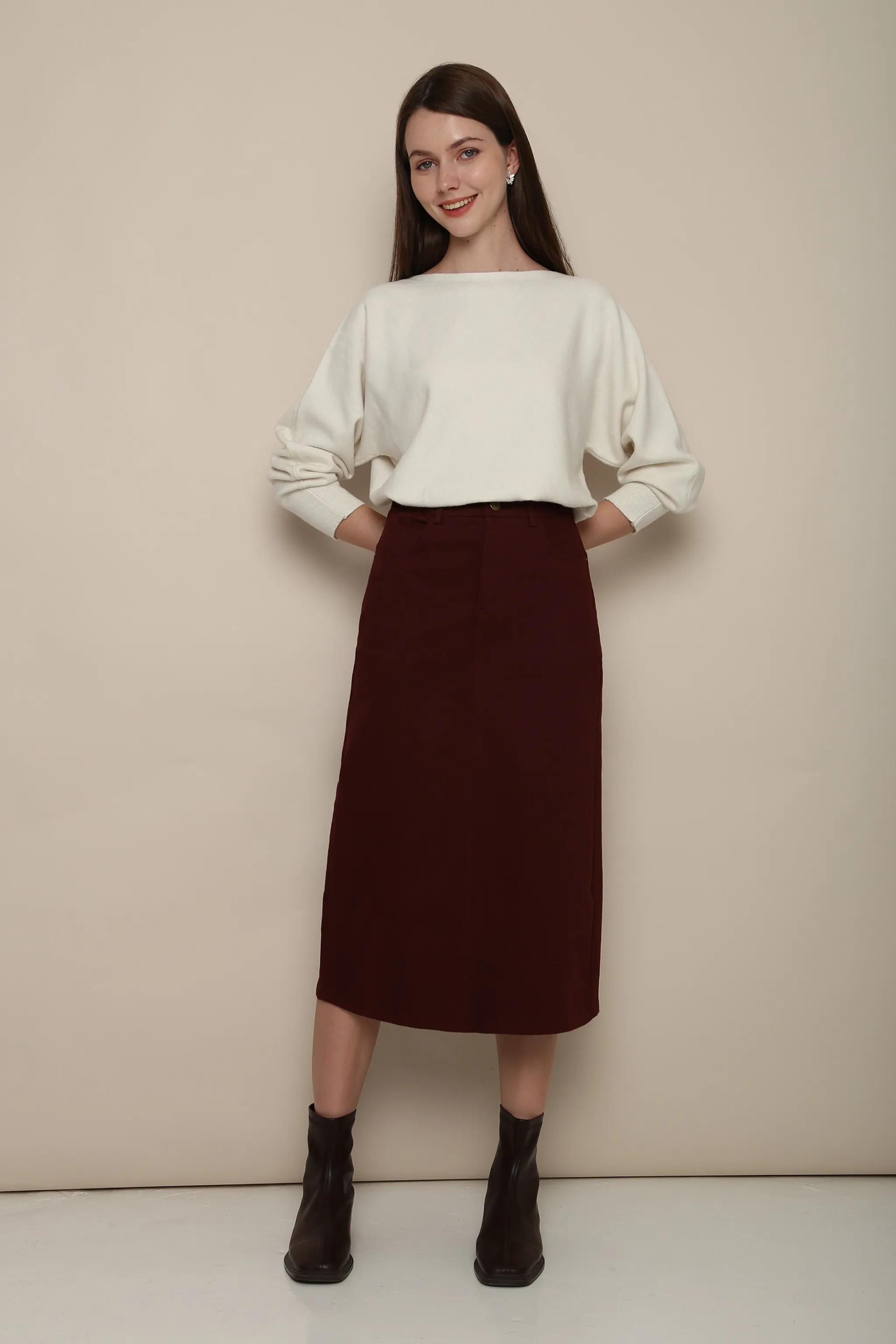 Designer Inspired Seasonal Must Have Mirae Column Skirt Burgundy