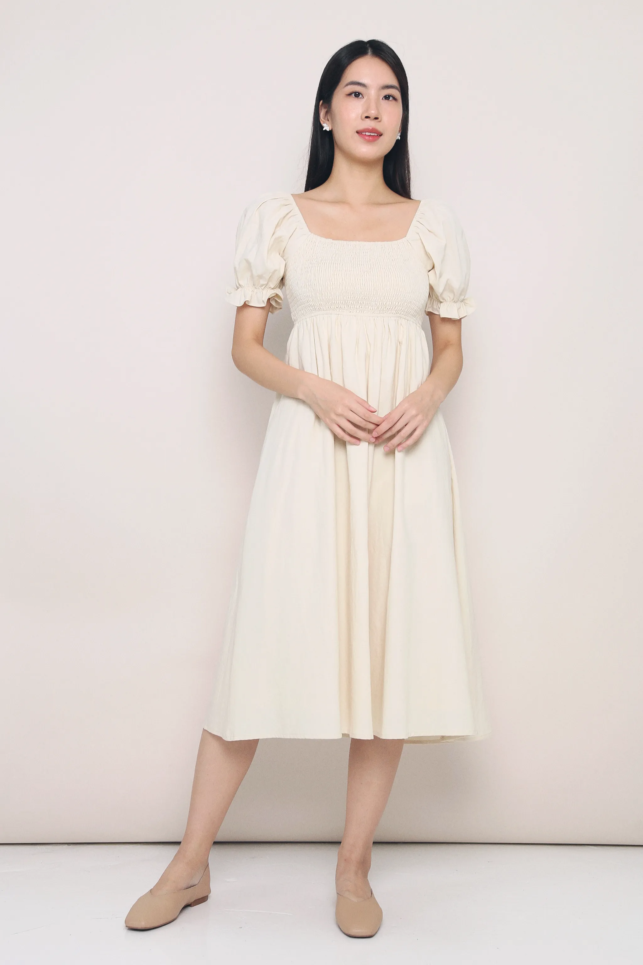 Smooth Detail Stylish Mood Harlow Smocked Midaxi Dress Ivory