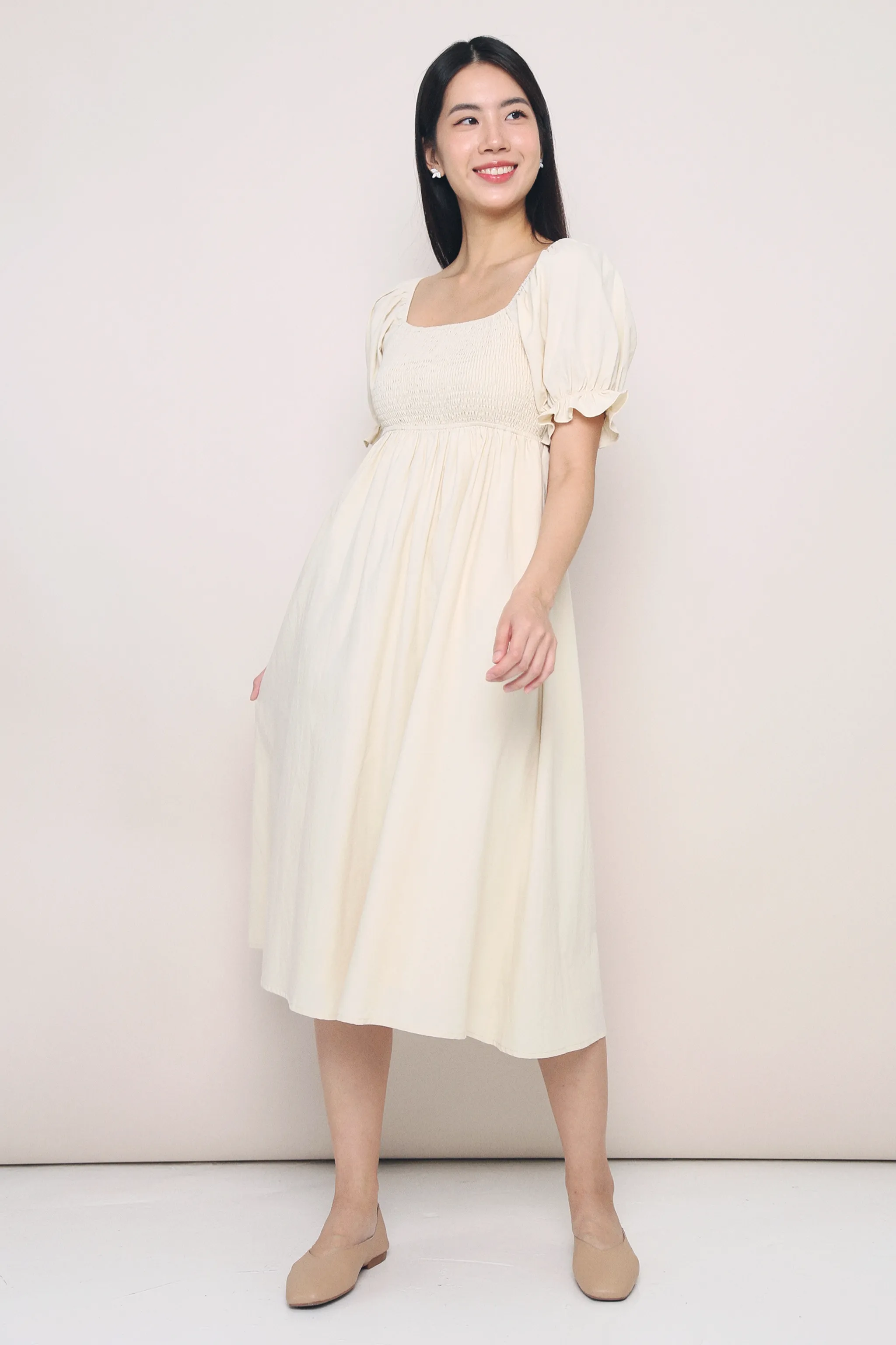 Harlow Smocked Midaxi Dress Ivory Classic and Chic Happy Fit