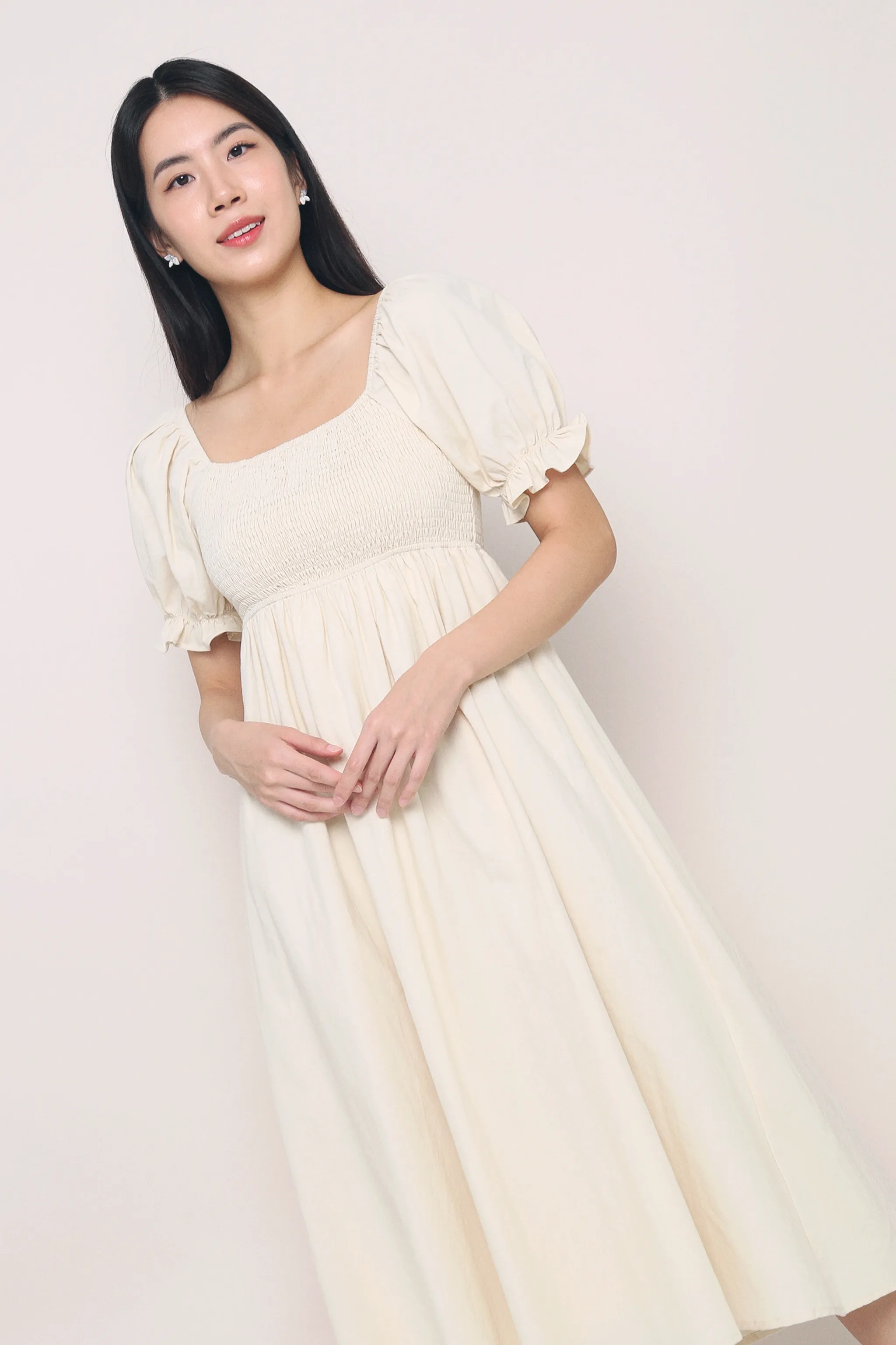 Harlow Smocked Midaxi Dress Ivory Drape Wave