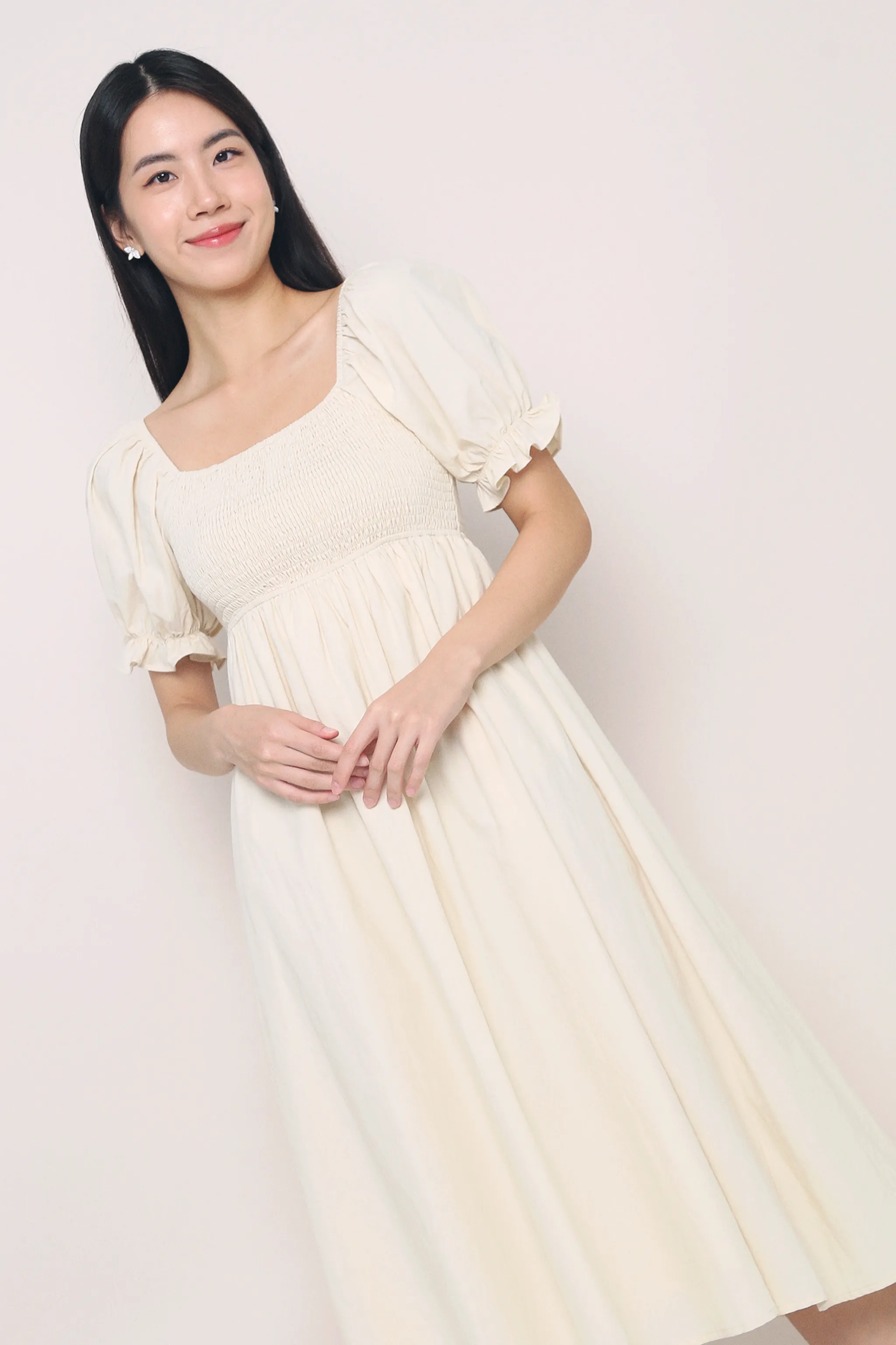 Zip Closure Harlow Smocked Midaxi Dress Ivory