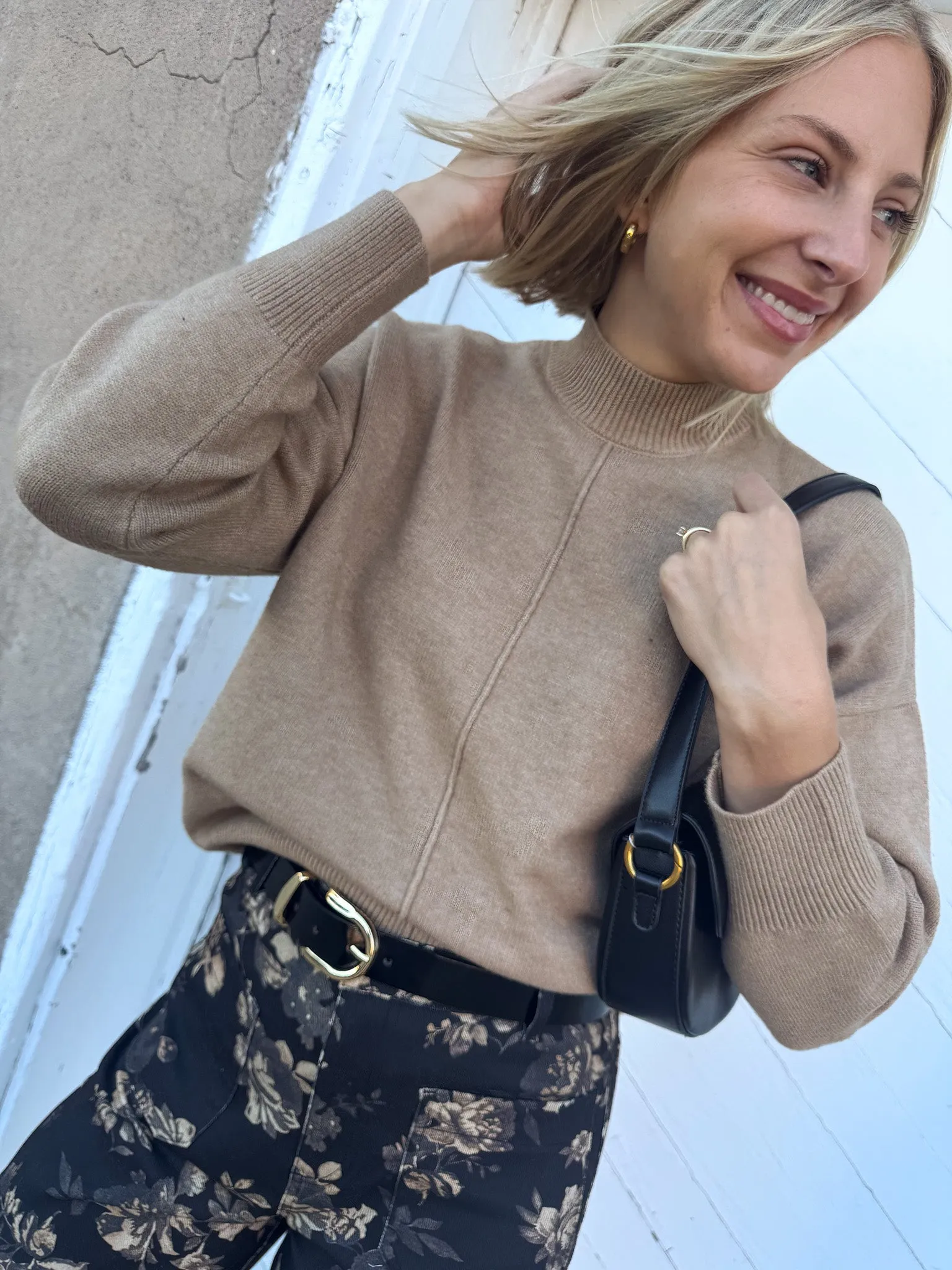 Carmen Mock Neck Sweater- Taupe Friction Resistant Edging