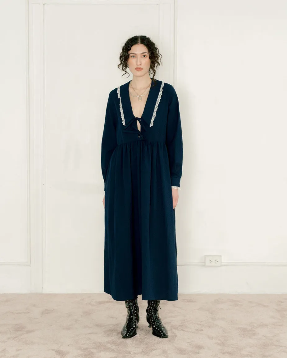 Street Style Light Wear A BRONZE AGE WOOLF DRESS - NAVY DIMPLE