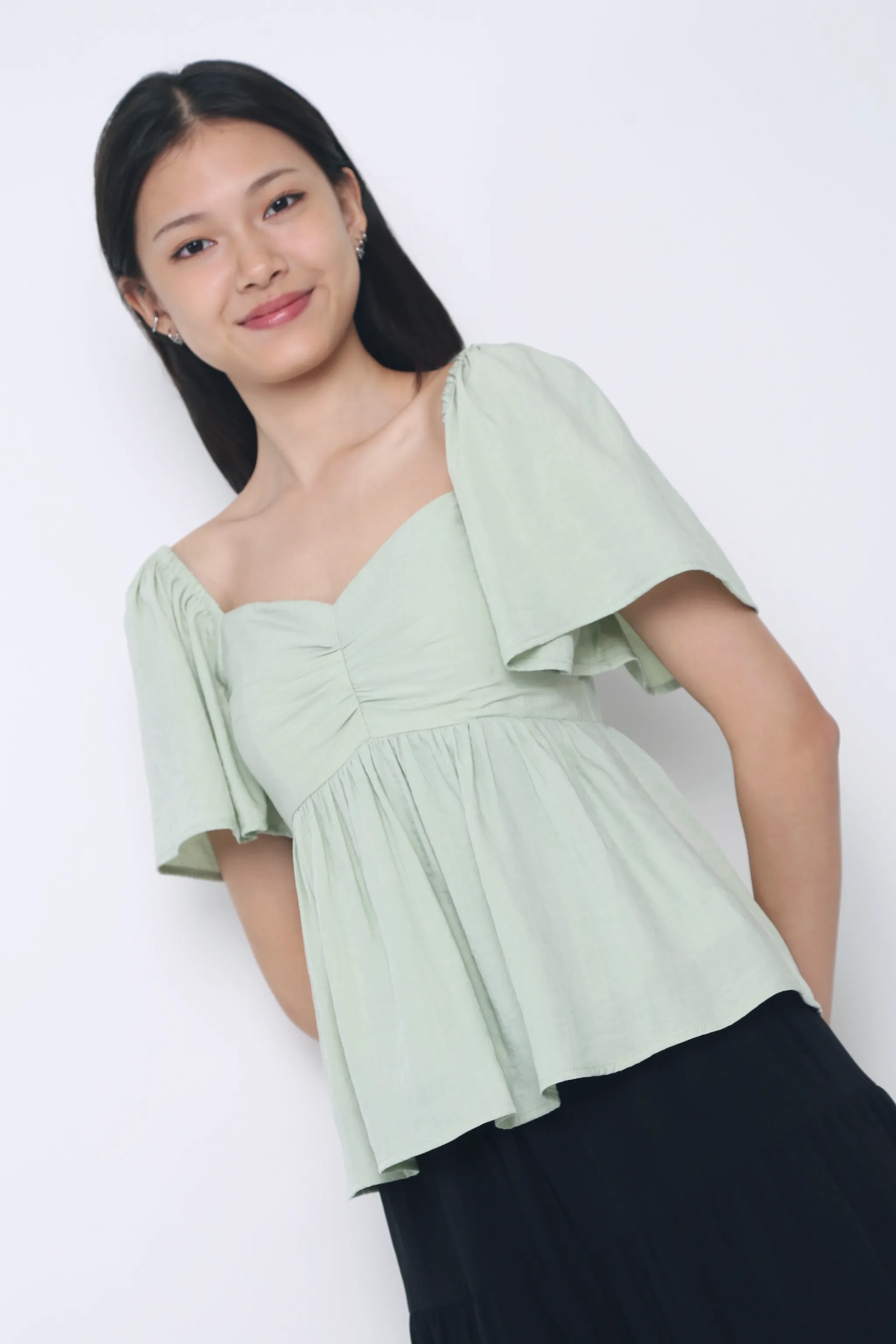 Midweight Texture AdjustableHem Ceci Sweetheart Babydoll Top Apple Mint