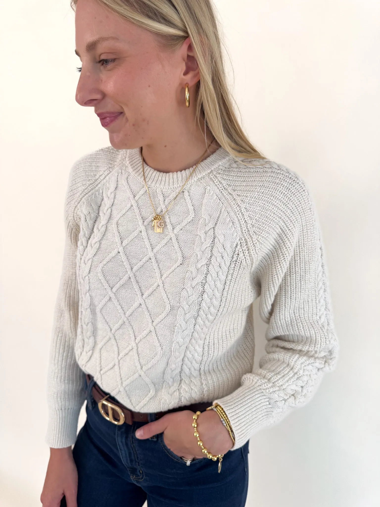 Classic Knit Design Chalk Cable Popover Sweater