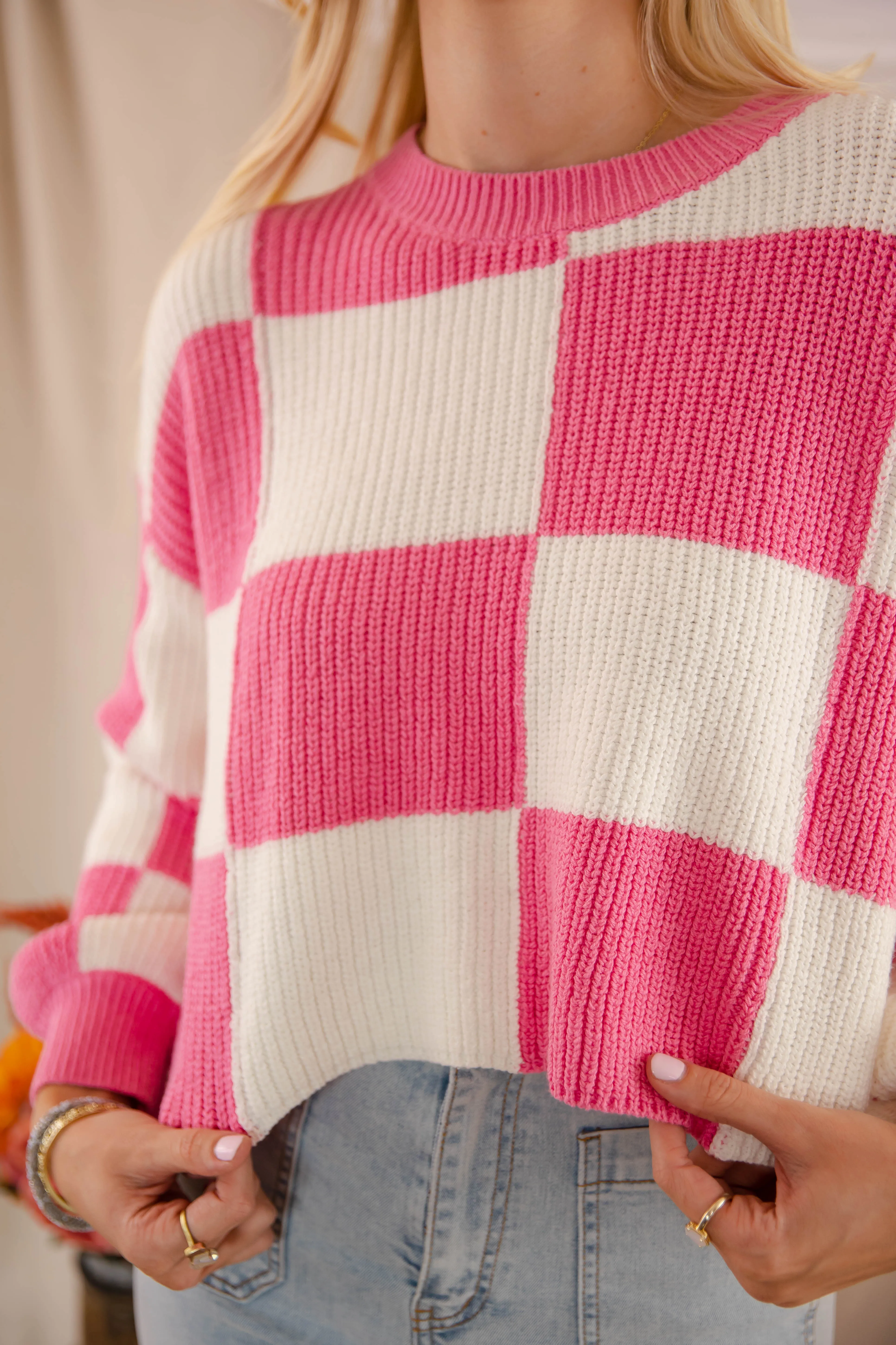 Checking Off the Boxes Sweater-Pink Winter Fashion