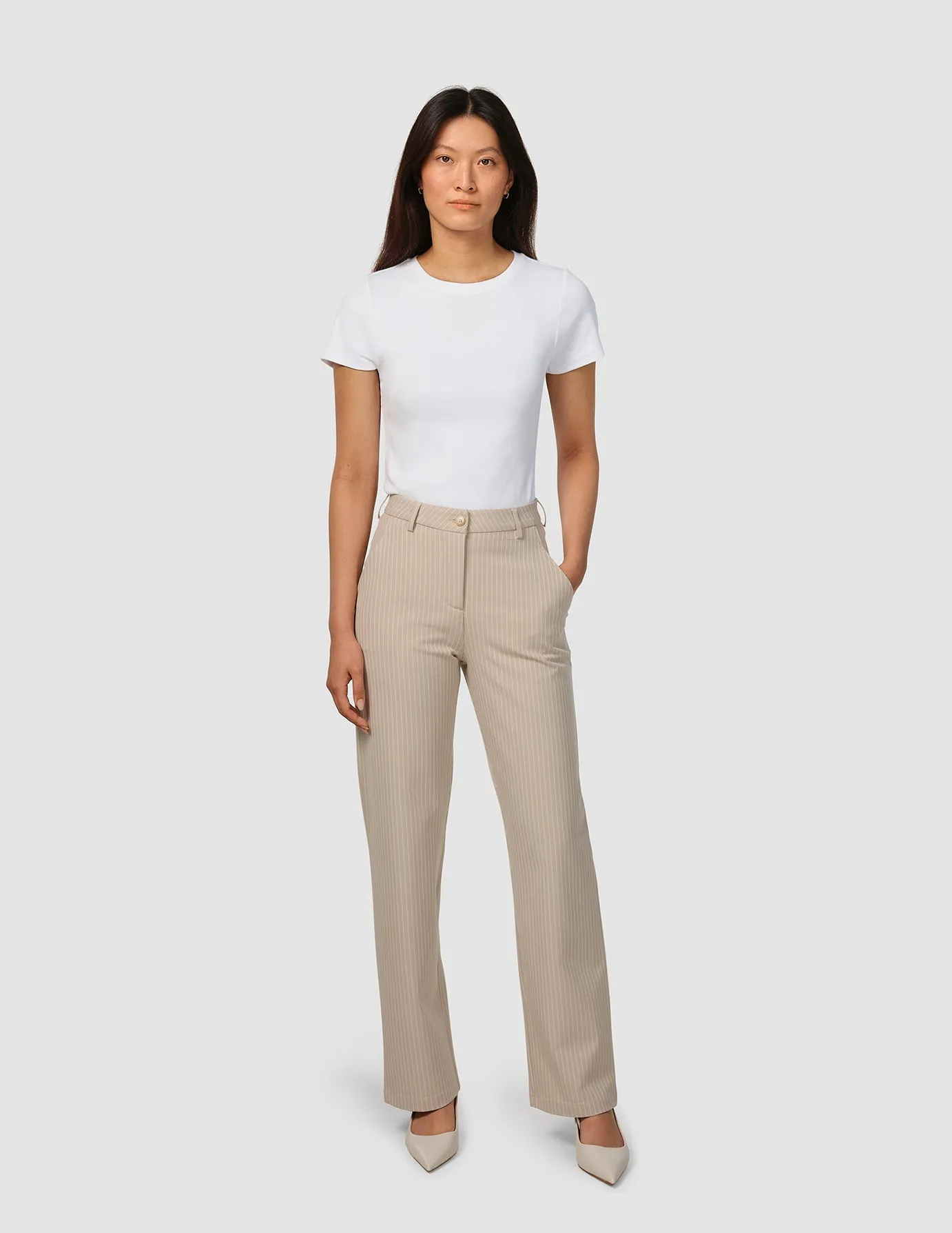 Essential Pants Straight Island Sand Pinstripe Neutral Shade FunctionalZipper